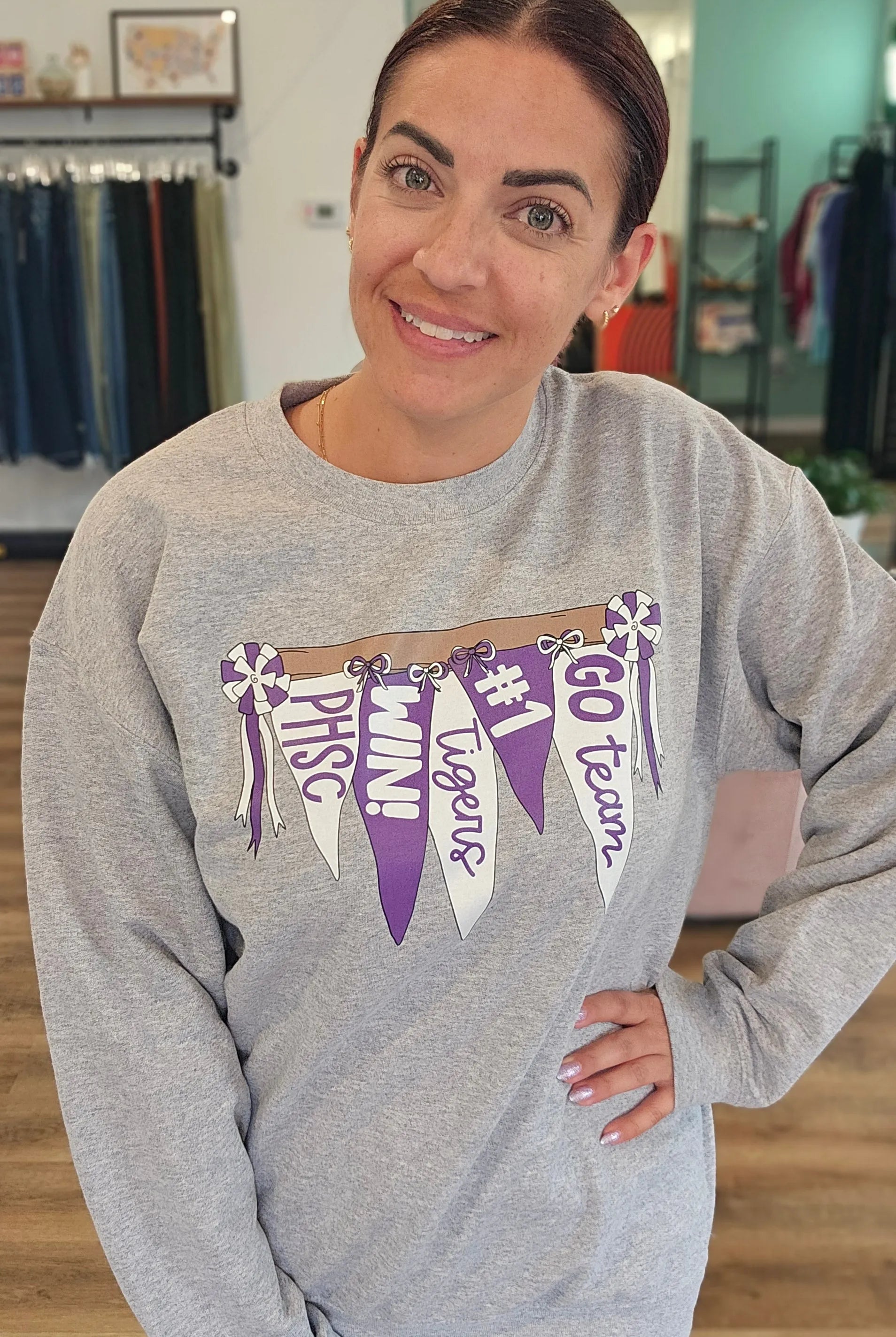 Shop Pickerington Pennant Banner Sweatshirt-Tigers at Ruby Joy Boutique, a Women's Clothing Store in Pickerington, Ohio