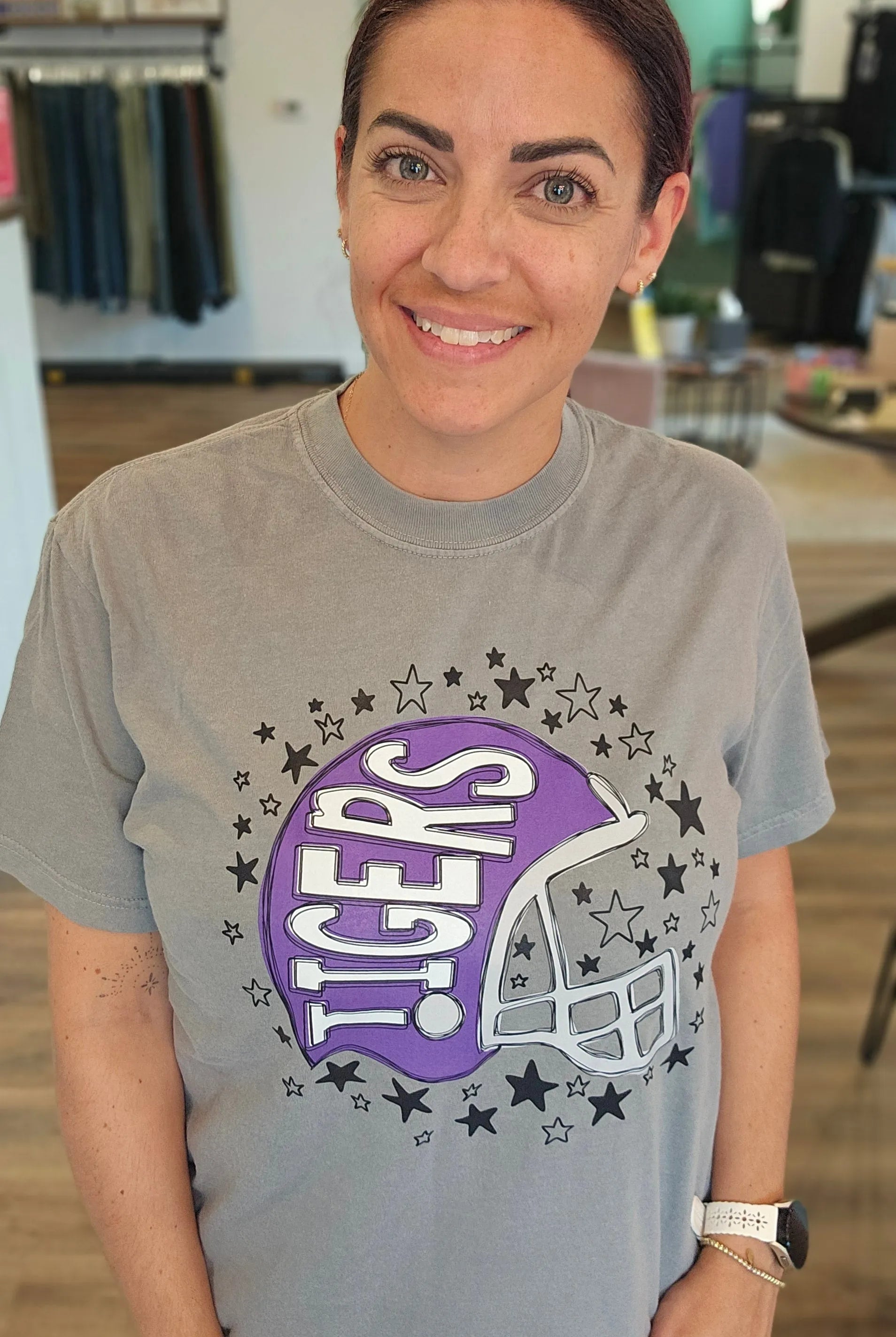 Shop Pickerington Starry Helmet Graphic Tee-Tigers at Ruby Joy Boutique, a Women's Clothing Store in Pickerington, Ohio
