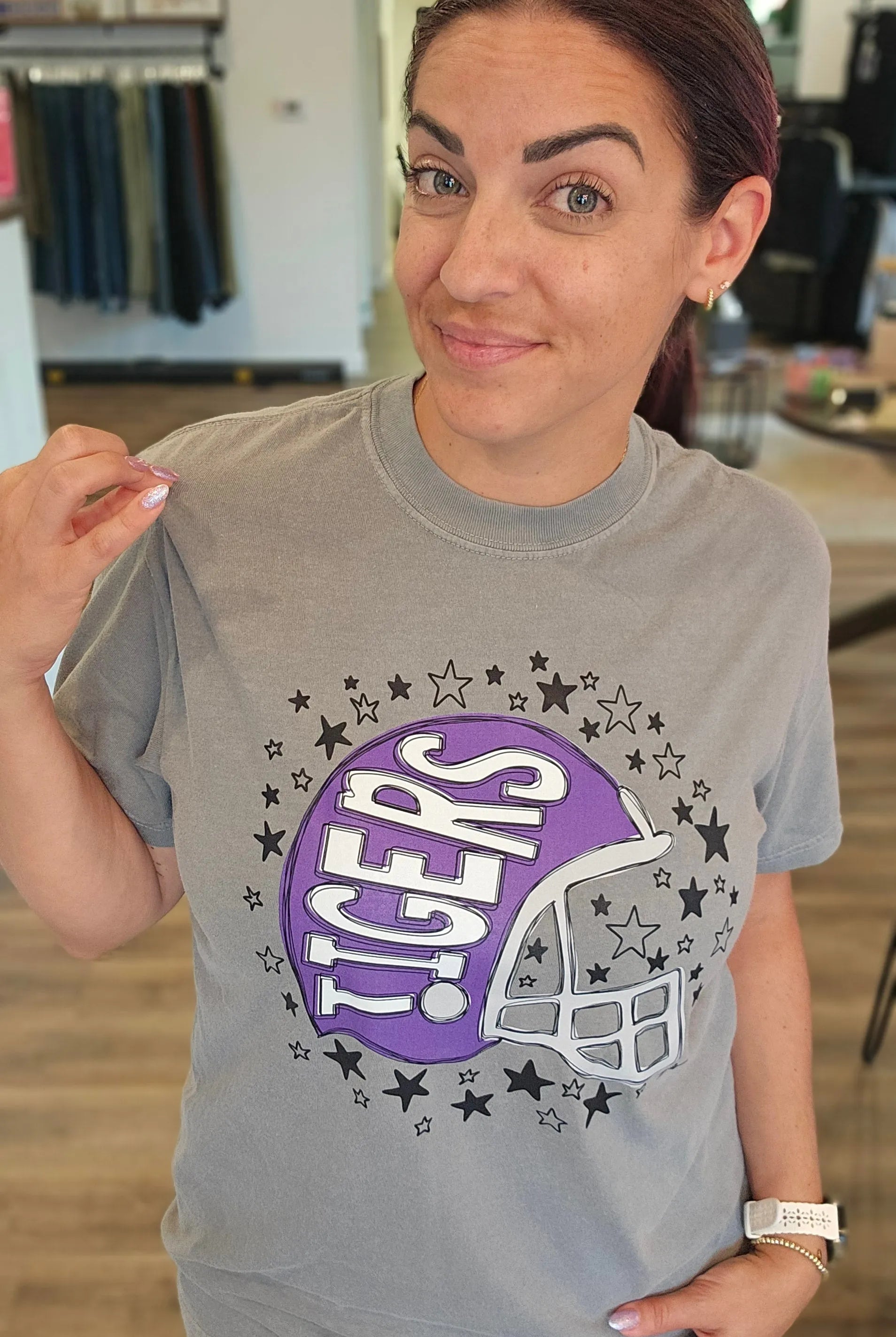 Shop Pickerington Starry Helmet Graphic Tee- at Ruby Joy Boutique, a Women's Clothing Store in Pickerington, Ohio