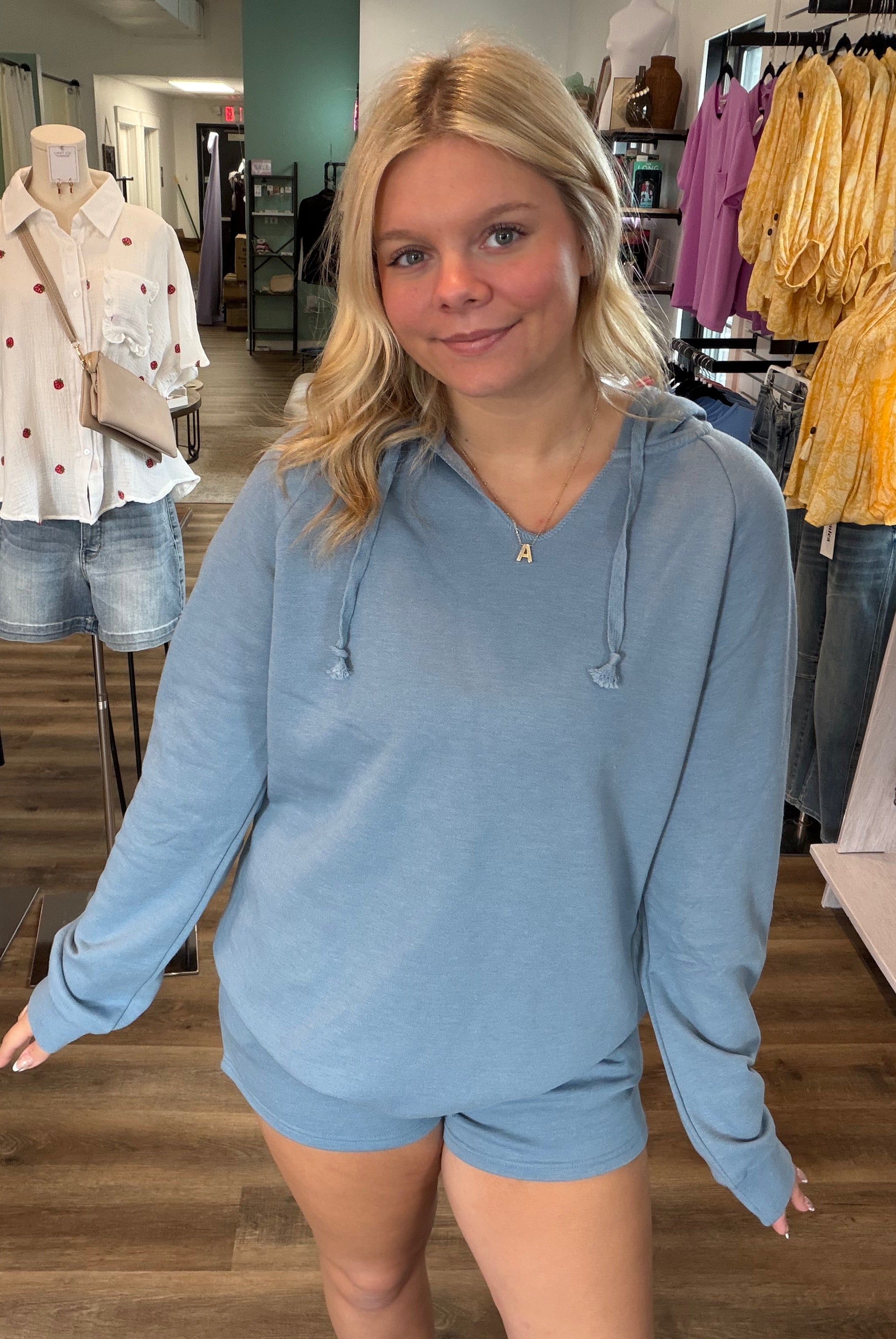 Shop Pigment Dyed Hooded Pullover - Blue- at Ruby Joy Boutique, a Women's Clothing Store in Pickerington, Ohio