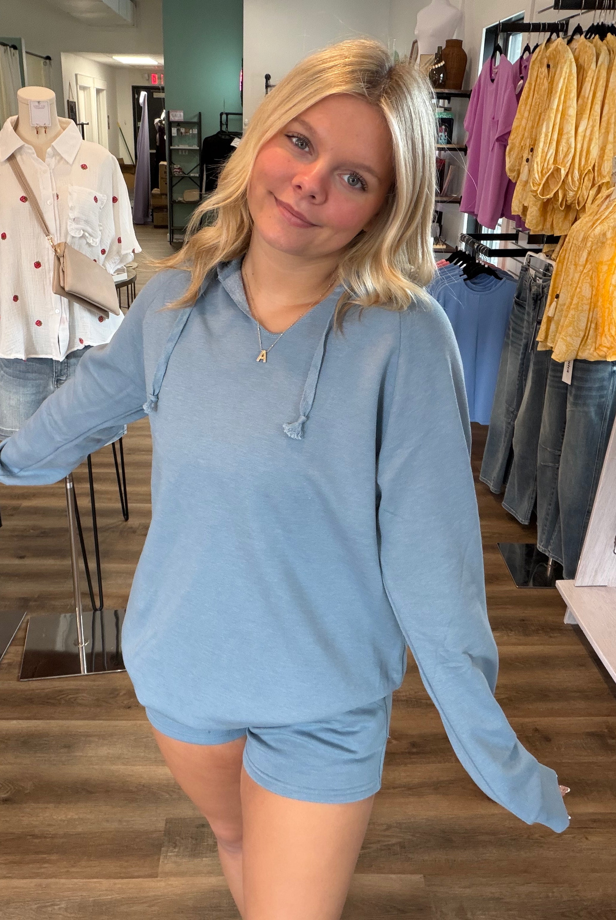 Shop Pigment Dyed Hooded Pullover - Blue- at Ruby Joy Boutique, a Women's Clothing Store in Pickerington, Ohio