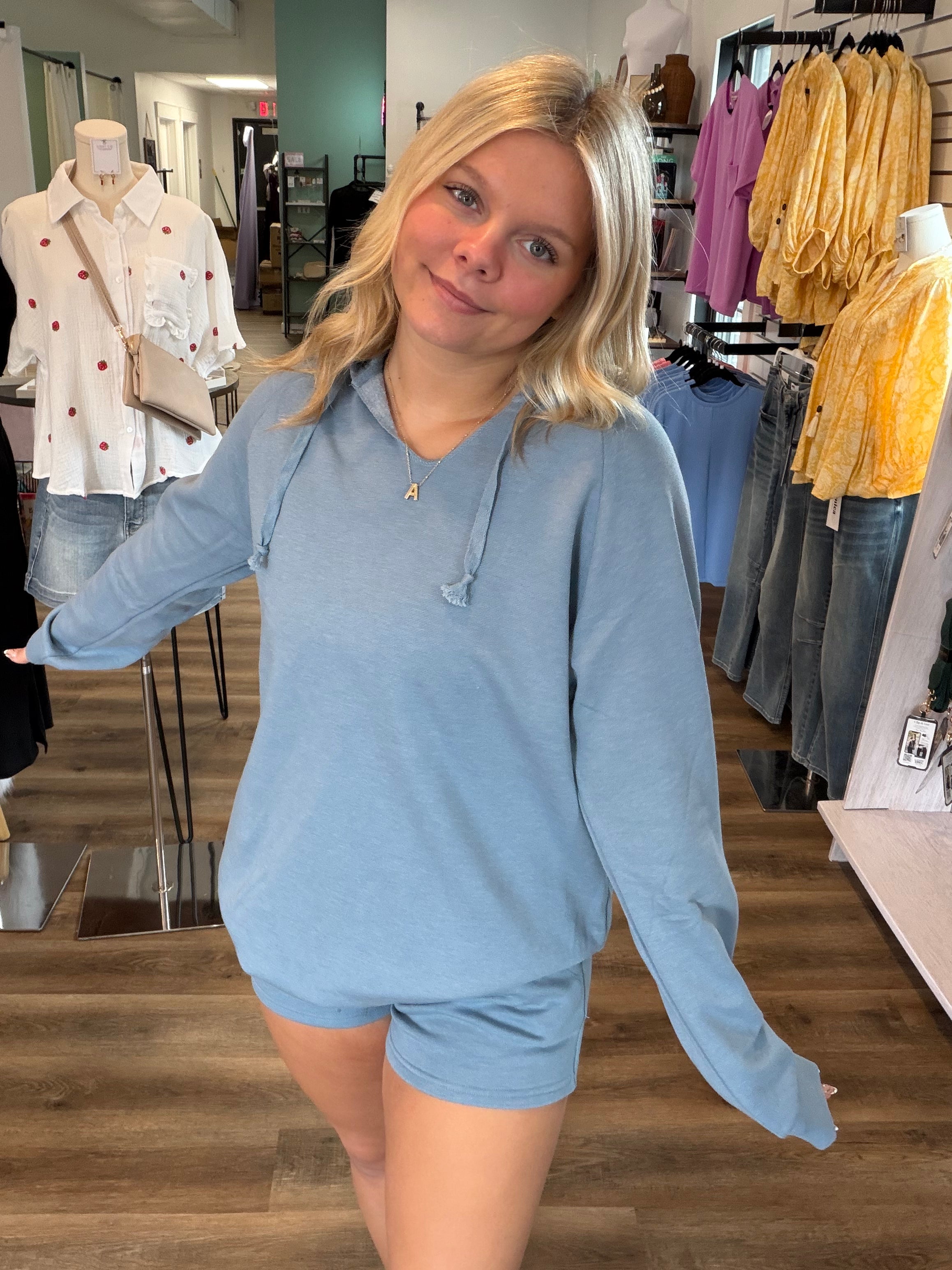 Shop Pigment Dyed Hooded Pullover - Blue- at Ruby Joy Boutique, a Women's Clothing Store in Pickerington, Ohio