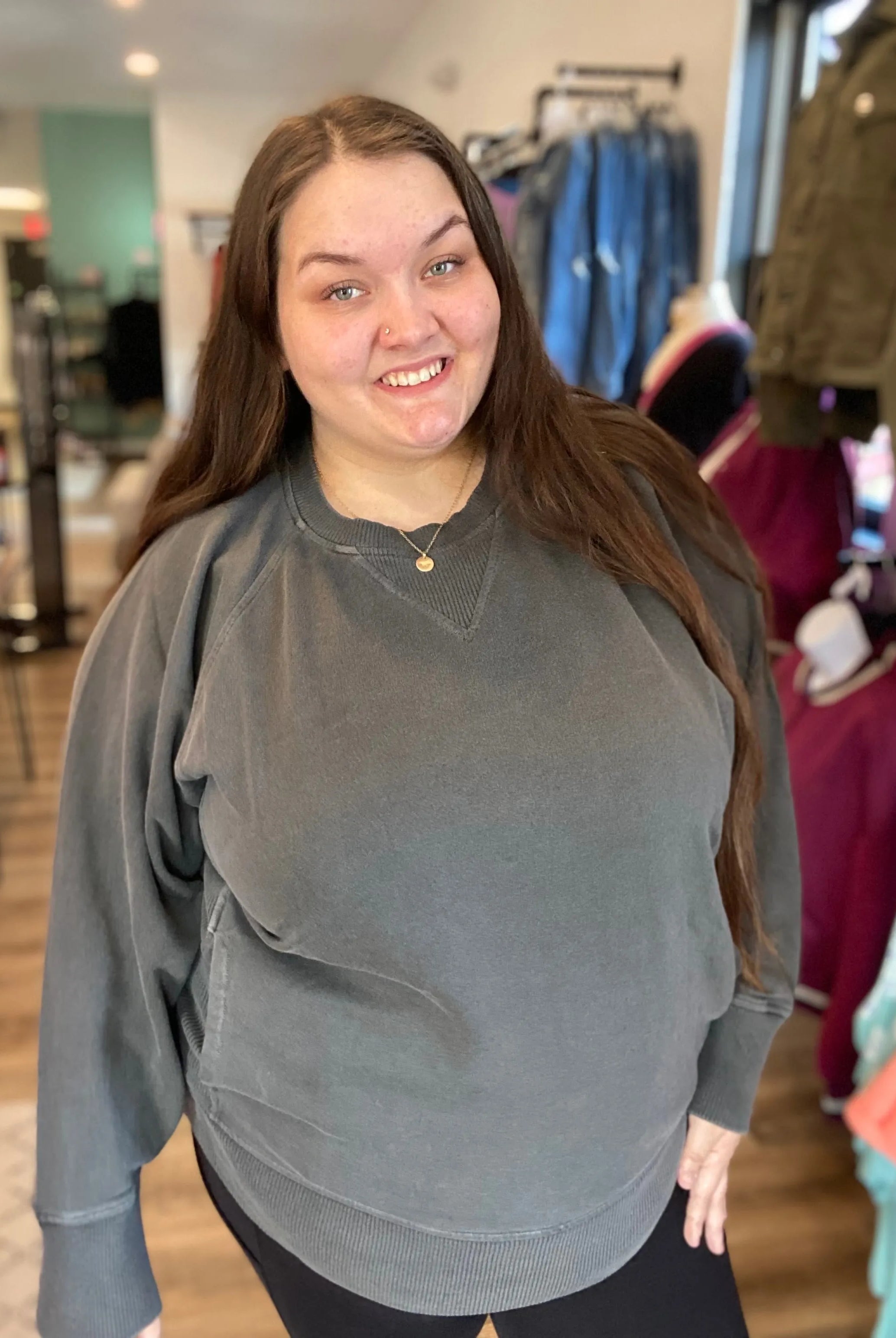 Shop Pigment Dyed Pullover with Pockets - Black-Sweatshirt at Ruby Joy Boutique, a Women's Clothing Store in Pickerington, Ohio