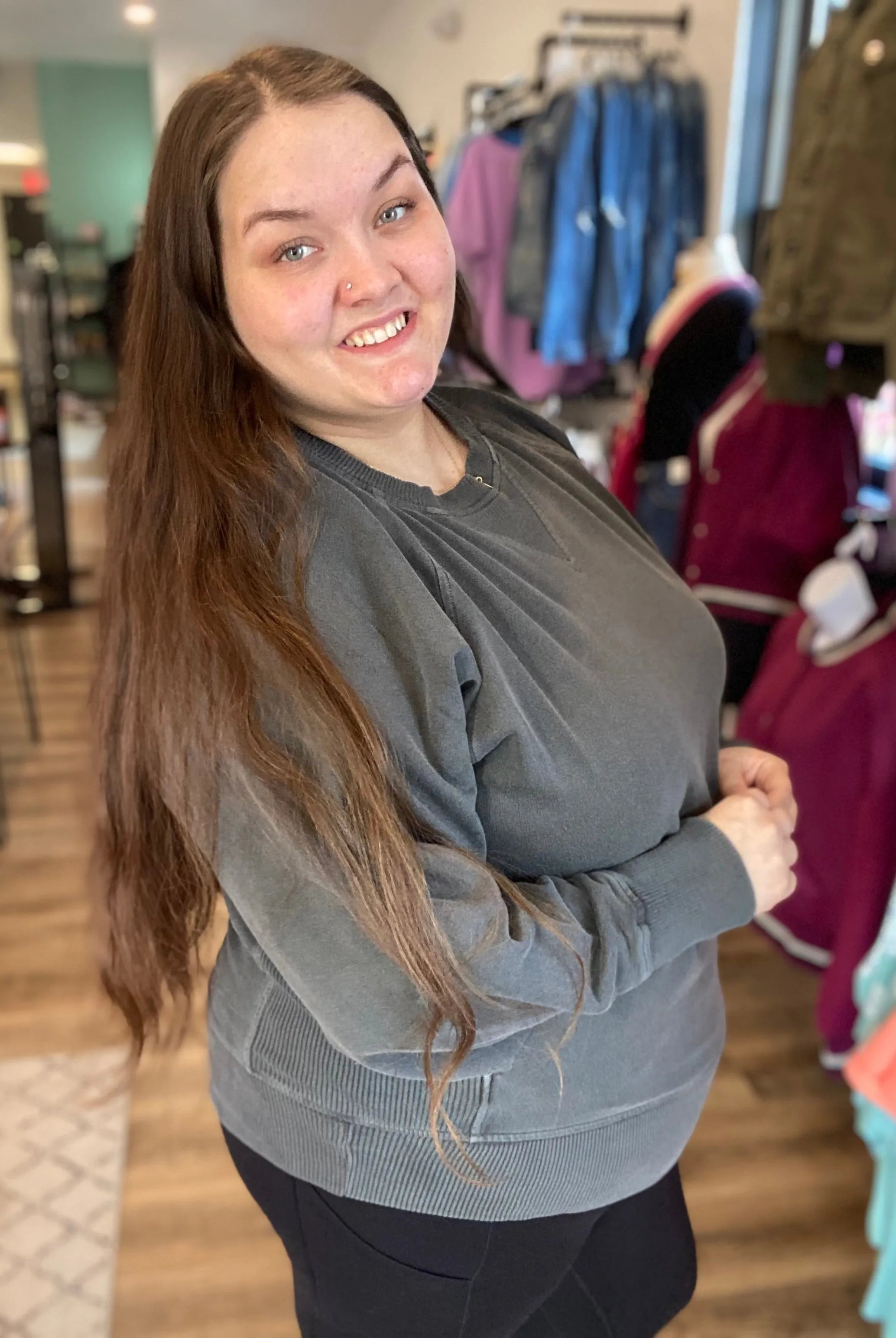 Shop Pigment Dyed Pullover with Pockets - Black-Sweatshirt at Ruby Joy Boutique, a Women's Clothing Store in Pickerington, Ohio