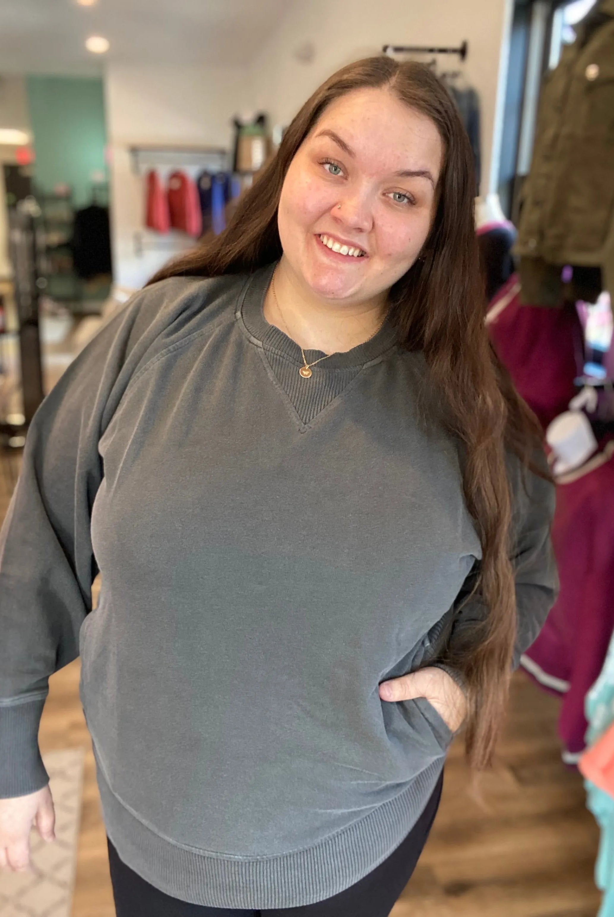 Shop Pigment Dyed Pullover with Pockets - Black-Sweatshirt at Ruby Joy Boutique, a Women's Clothing Store in Pickerington, Ohio