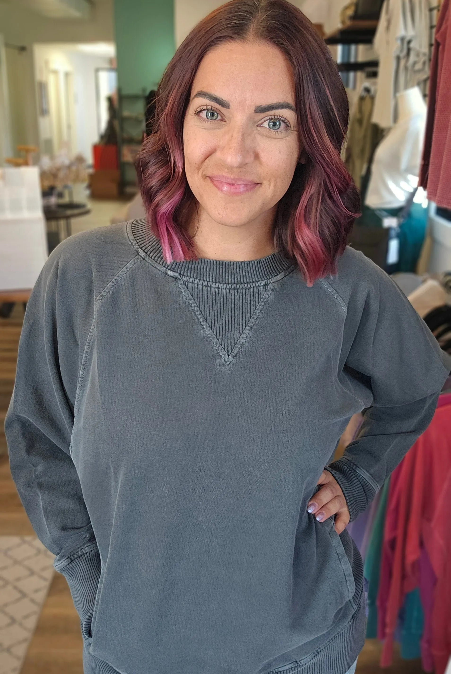 Shop Pigment Dyed Pullover with Pockets - Black-Small at Ruby Joy Boutique, a Women's Clothing Store in Pickerington, Ohio