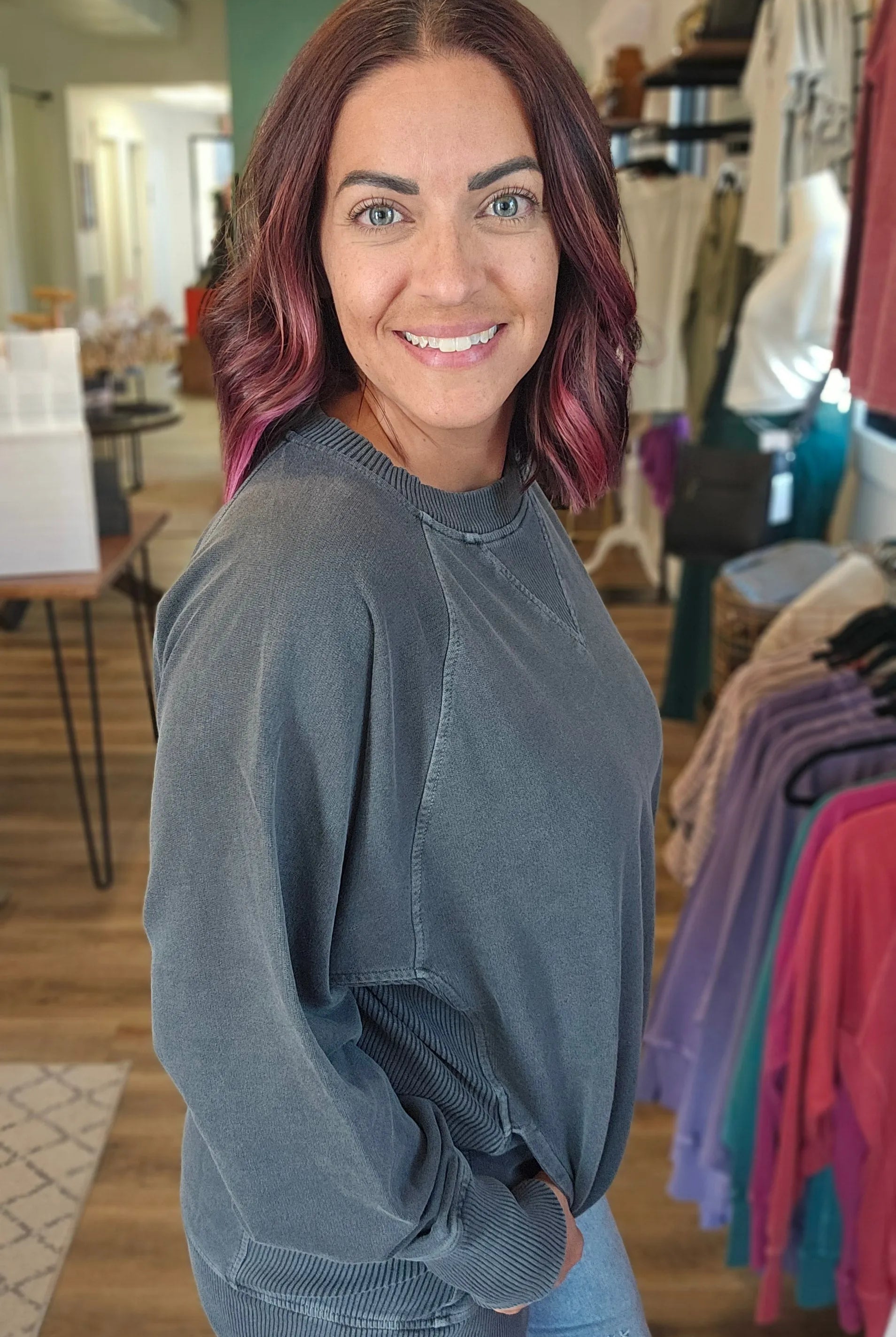 Shop Pigment Dyed Pullover with Pockets - Black- at Ruby Joy Boutique, a Women's Clothing Store in Pickerington, Ohio