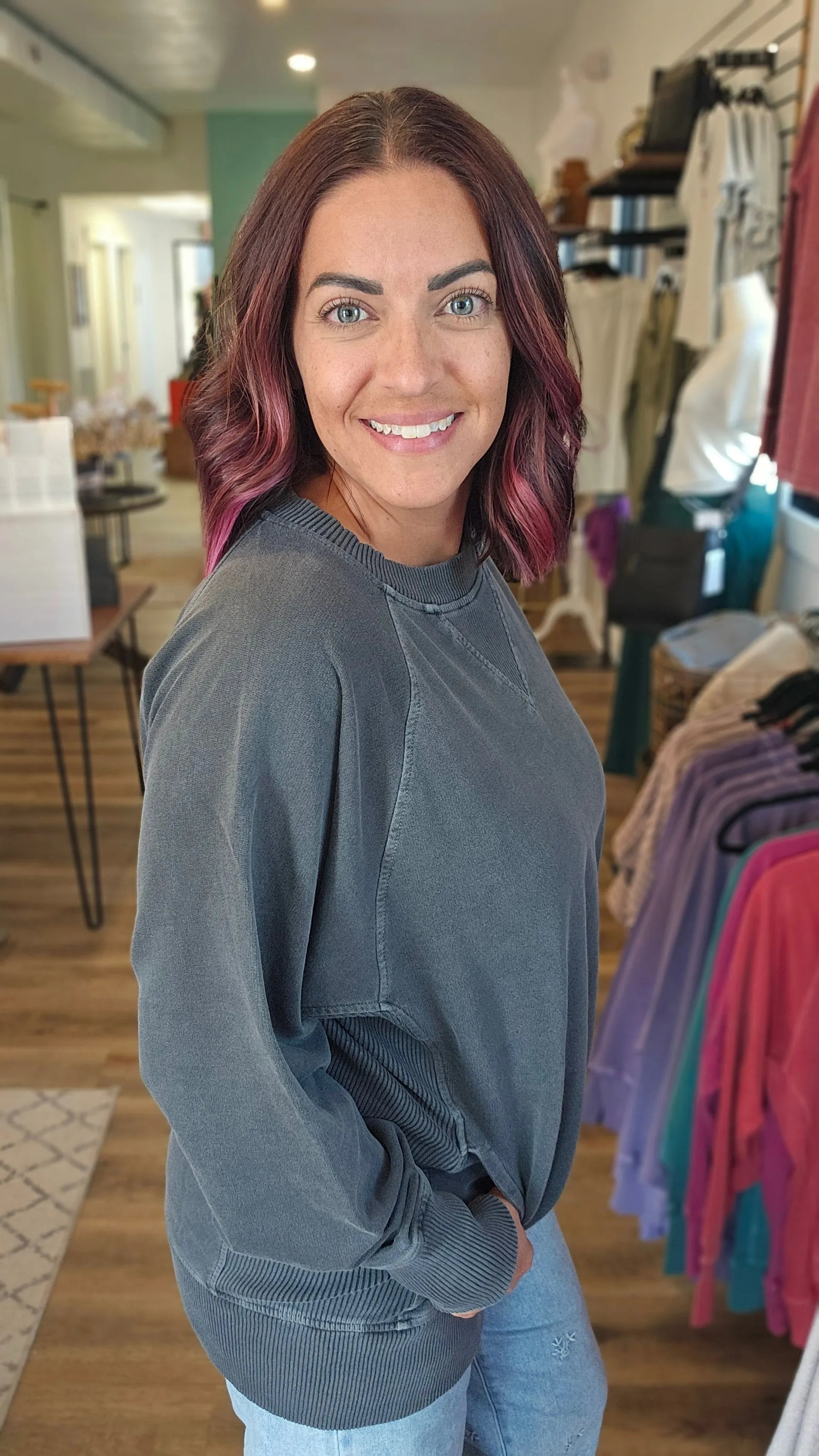 Shop Pigment Dyed Pullover with Pockets - Black- at Ruby Joy Boutique, a Women's Clothing Store in Pickerington, Ohio