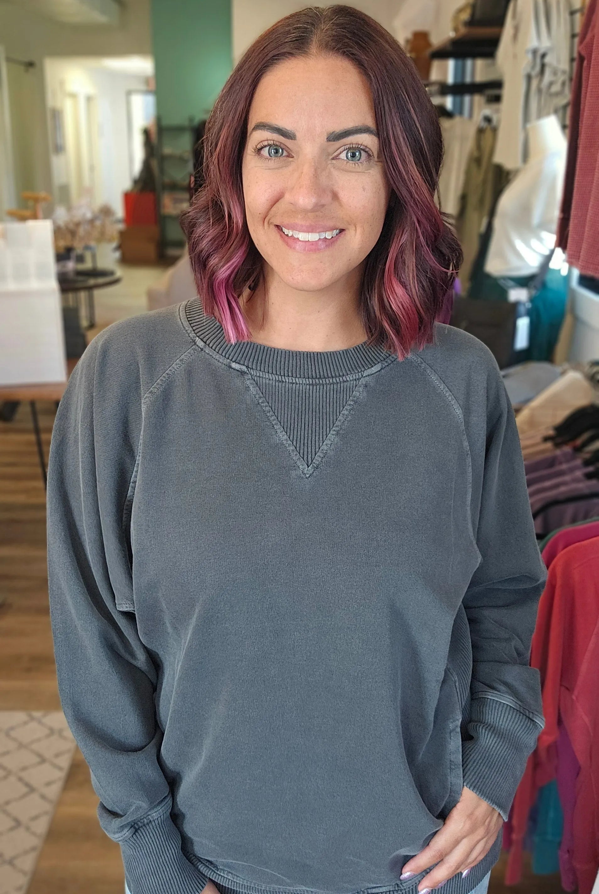 Shop Pigment Dyed Pullover with Pockets - Black- at Ruby Joy Boutique, a Women's Clothing Store in Pickerington, Ohio