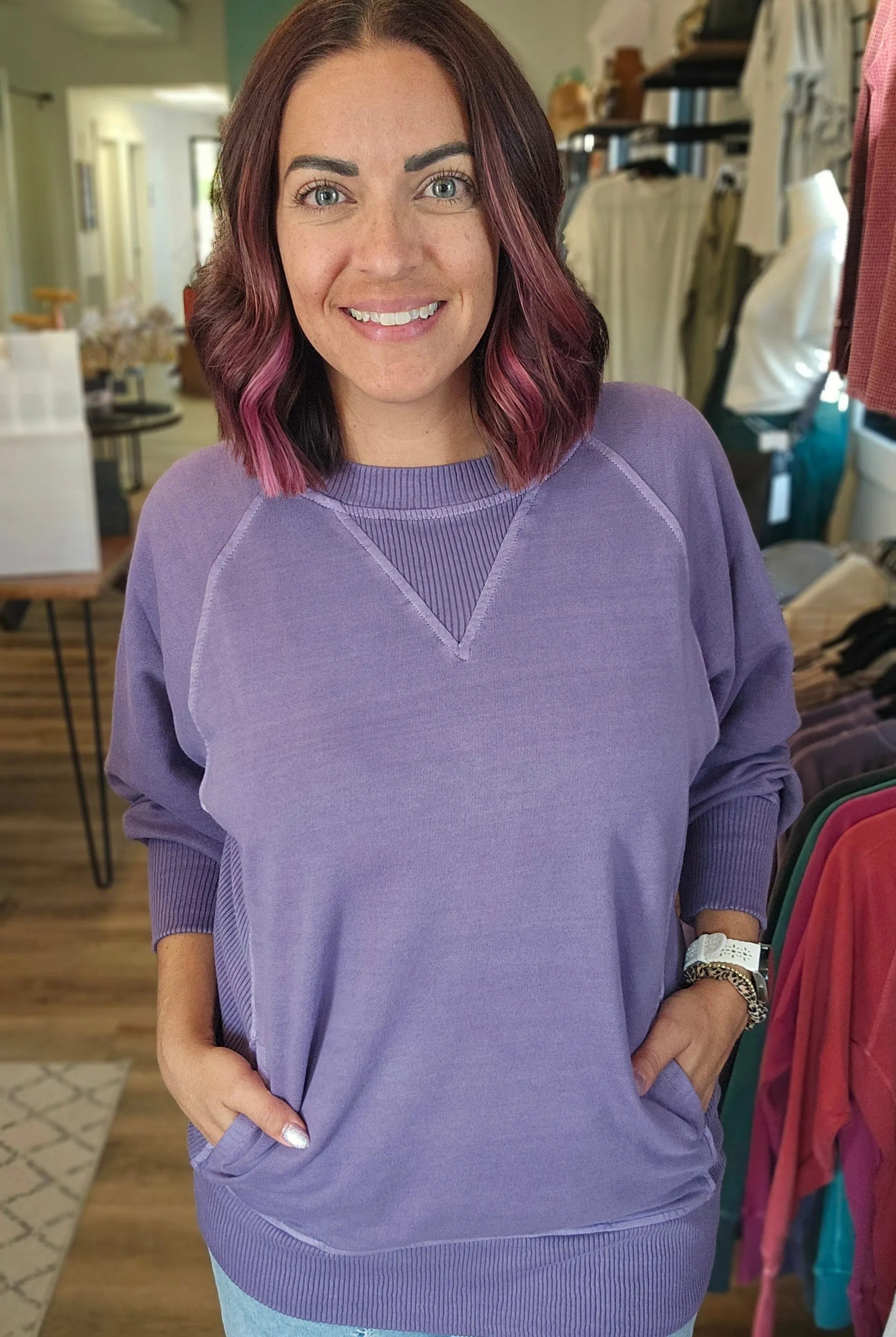 Shop Pigment Dyed Pullover with Pockets - Lilac- at Ruby Joy Boutique, a Women's Clothing Store in Pickerington, Ohio