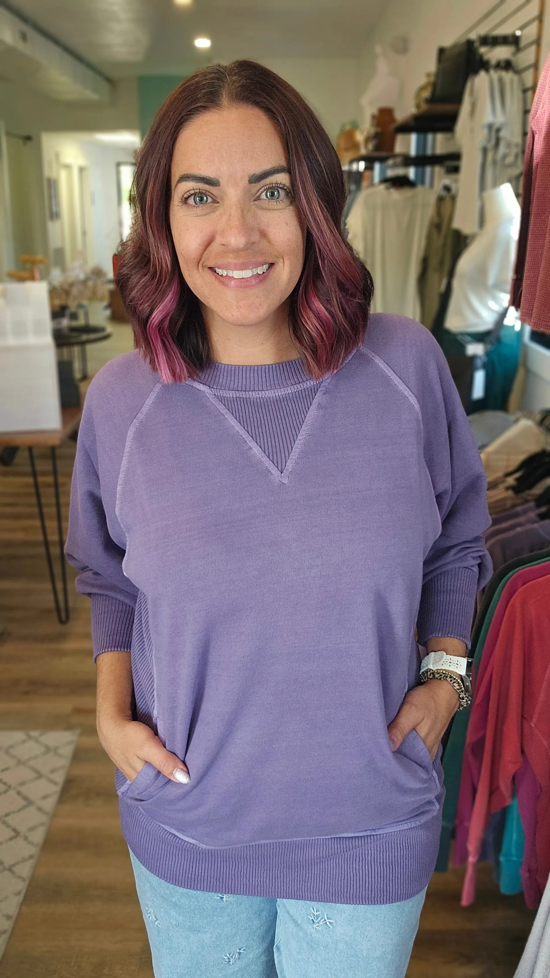 Shop Pigment Dyed Pullover with Pockets - Lilac- at Ruby Joy Boutique, a Women's Clothing Store in Pickerington, Ohio