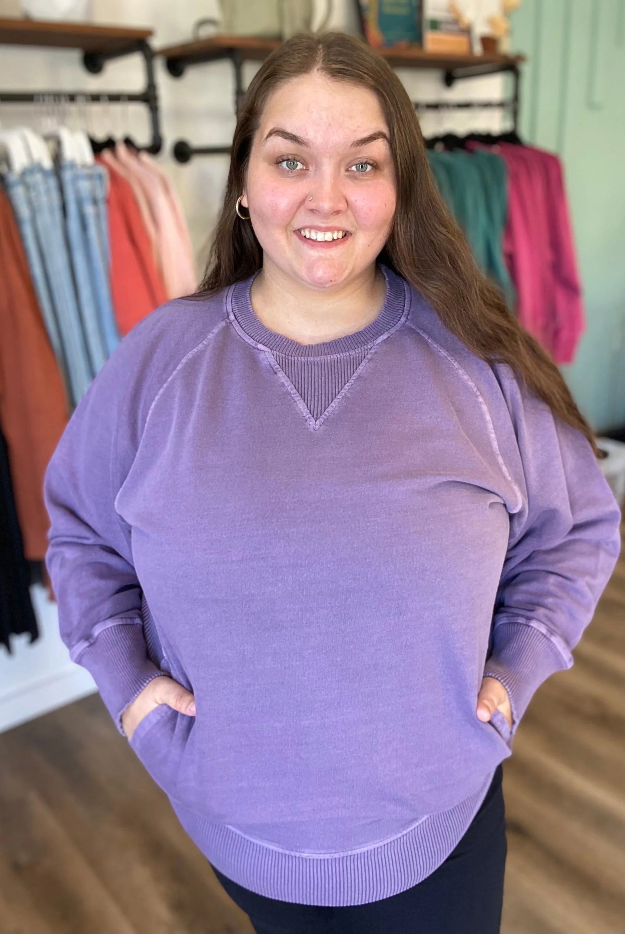 Shop Pigment Dyed Pullover with Pockets - Lilac- at Ruby Joy Boutique, a Women's Clothing Store in Pickerington, Ohio