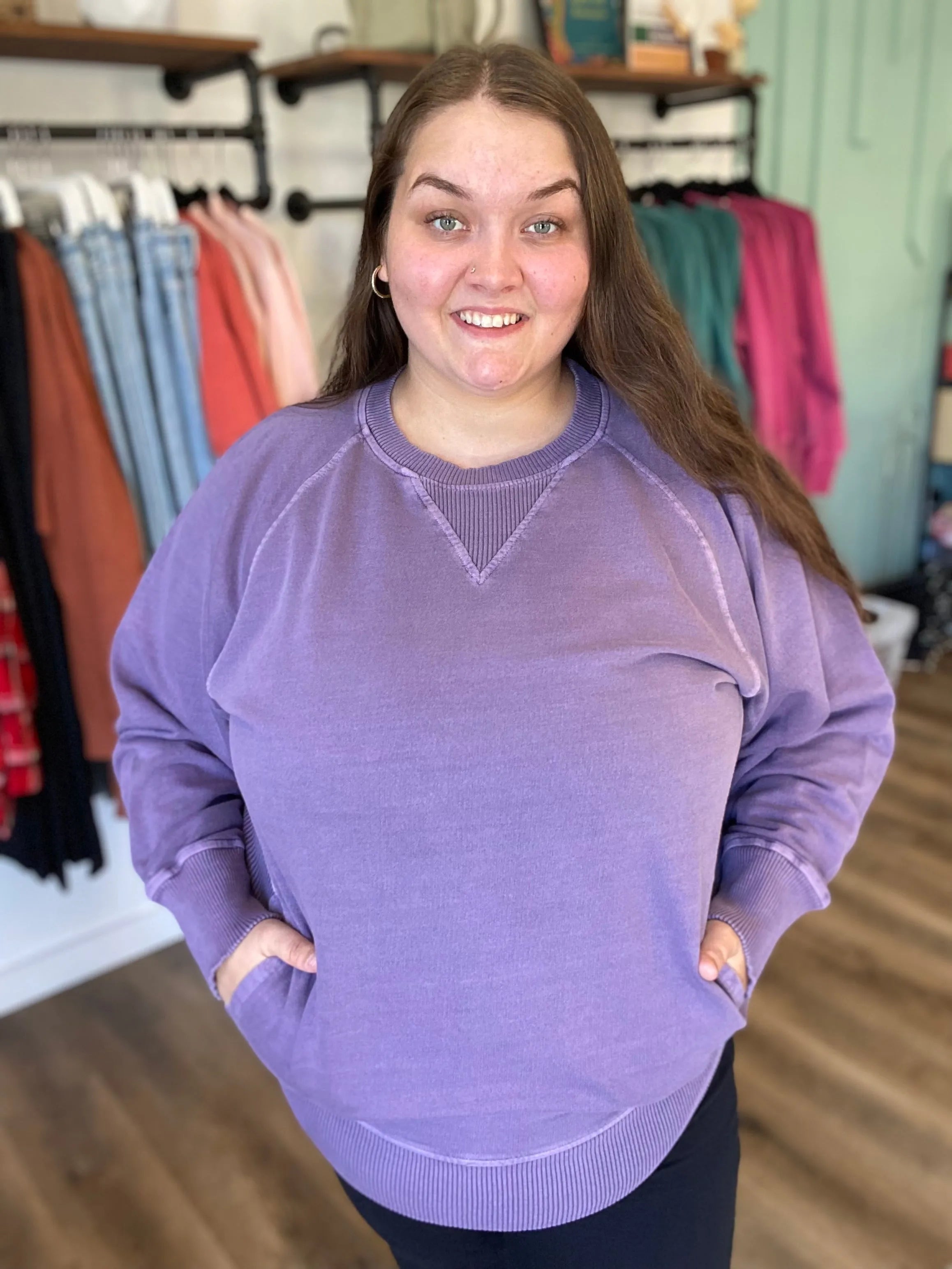 Shop Pigment Dyed Pullover with Pockets - Lilac- at Ruby Joy Boutique, a Women's Clothing Store in Pickerington, Ohio