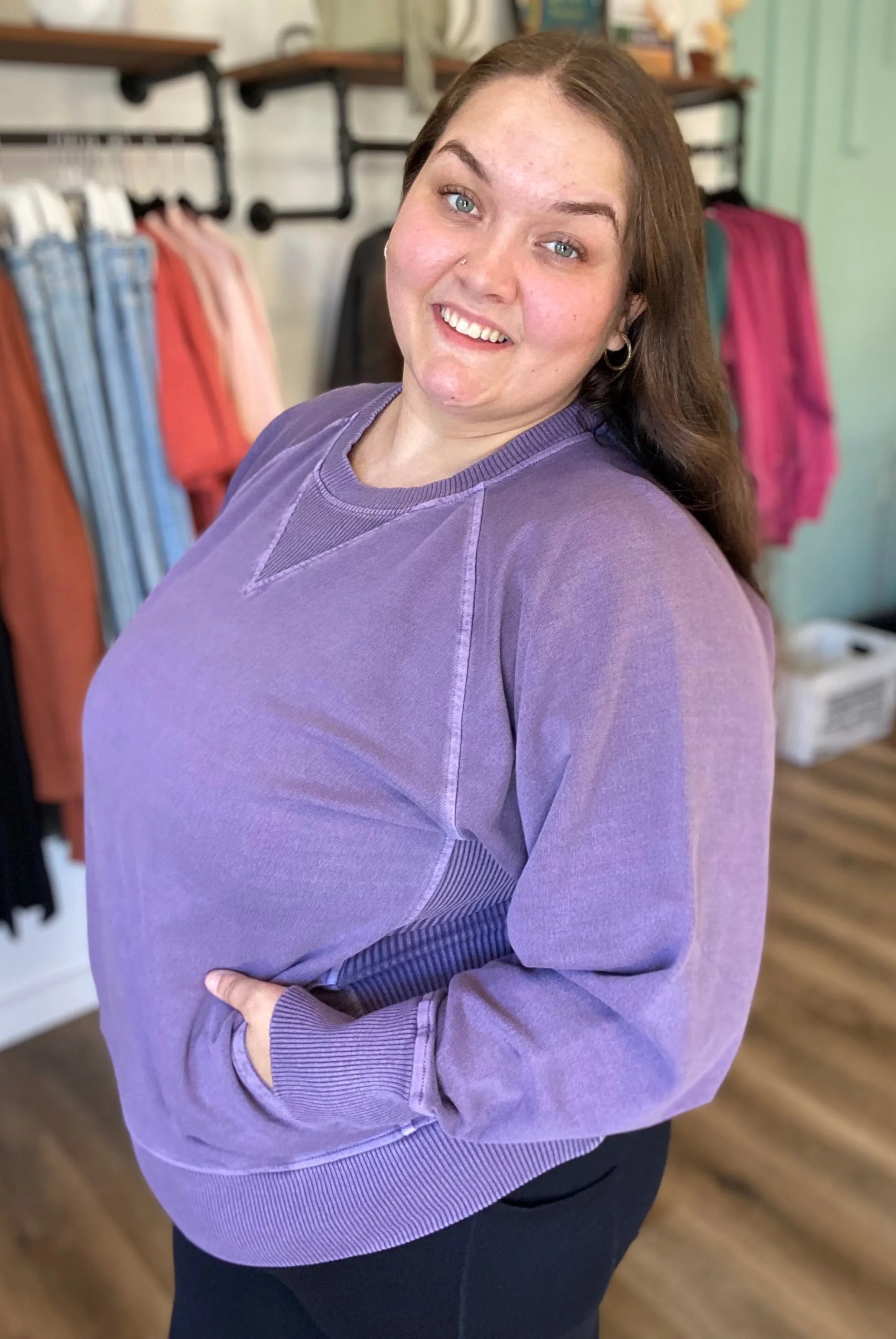 Shop Pigment Dyed Pullover with Pockets - Lilac- at Ruby Joy Boutique, a Women's Clothing Store in Pickerington, Ohio