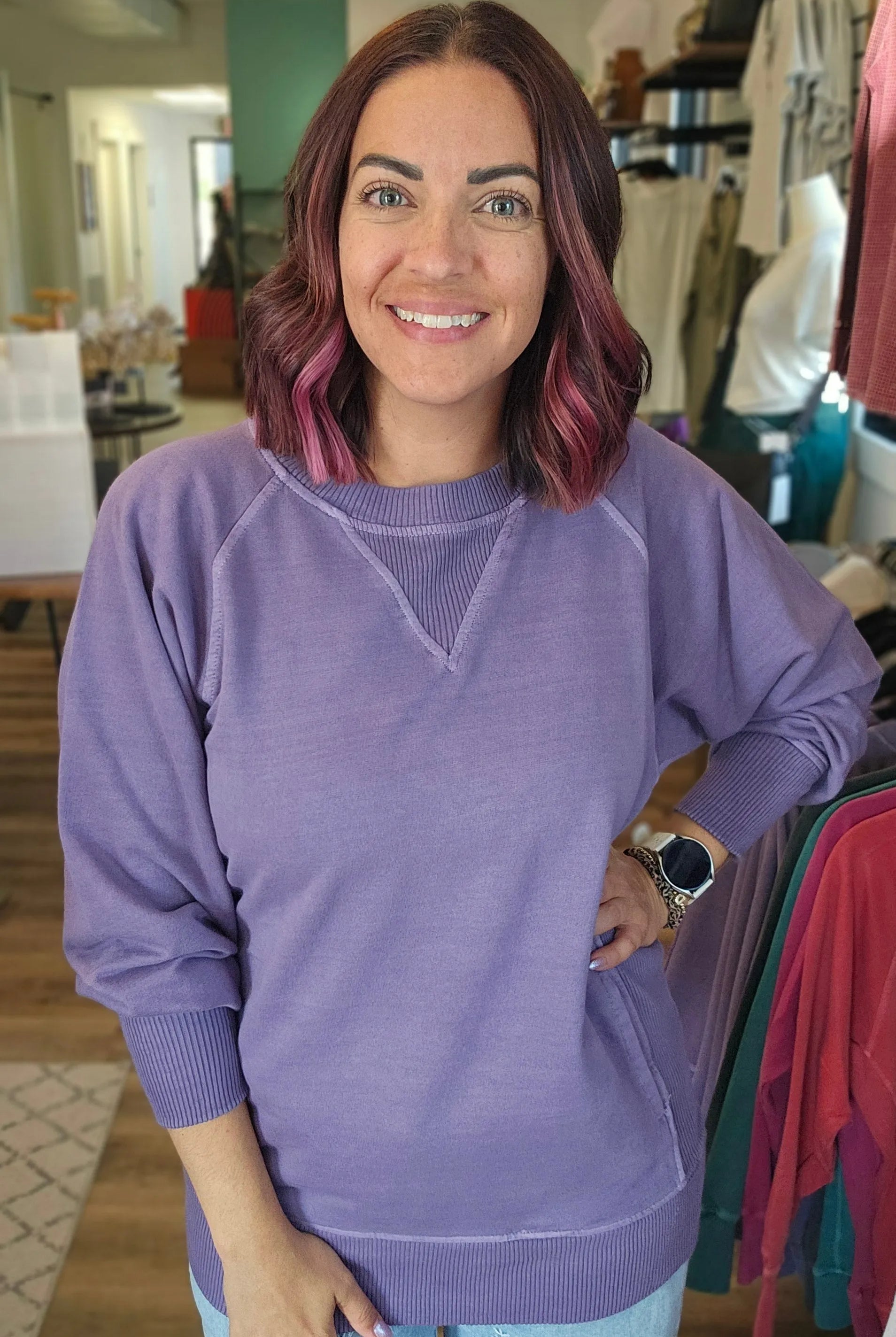 Shop Pigment Dyed Pullover with Pockets - Lilac-Small at Ruby Joy Boutique, a Women's Clothing Store in Pickerington, Ohio