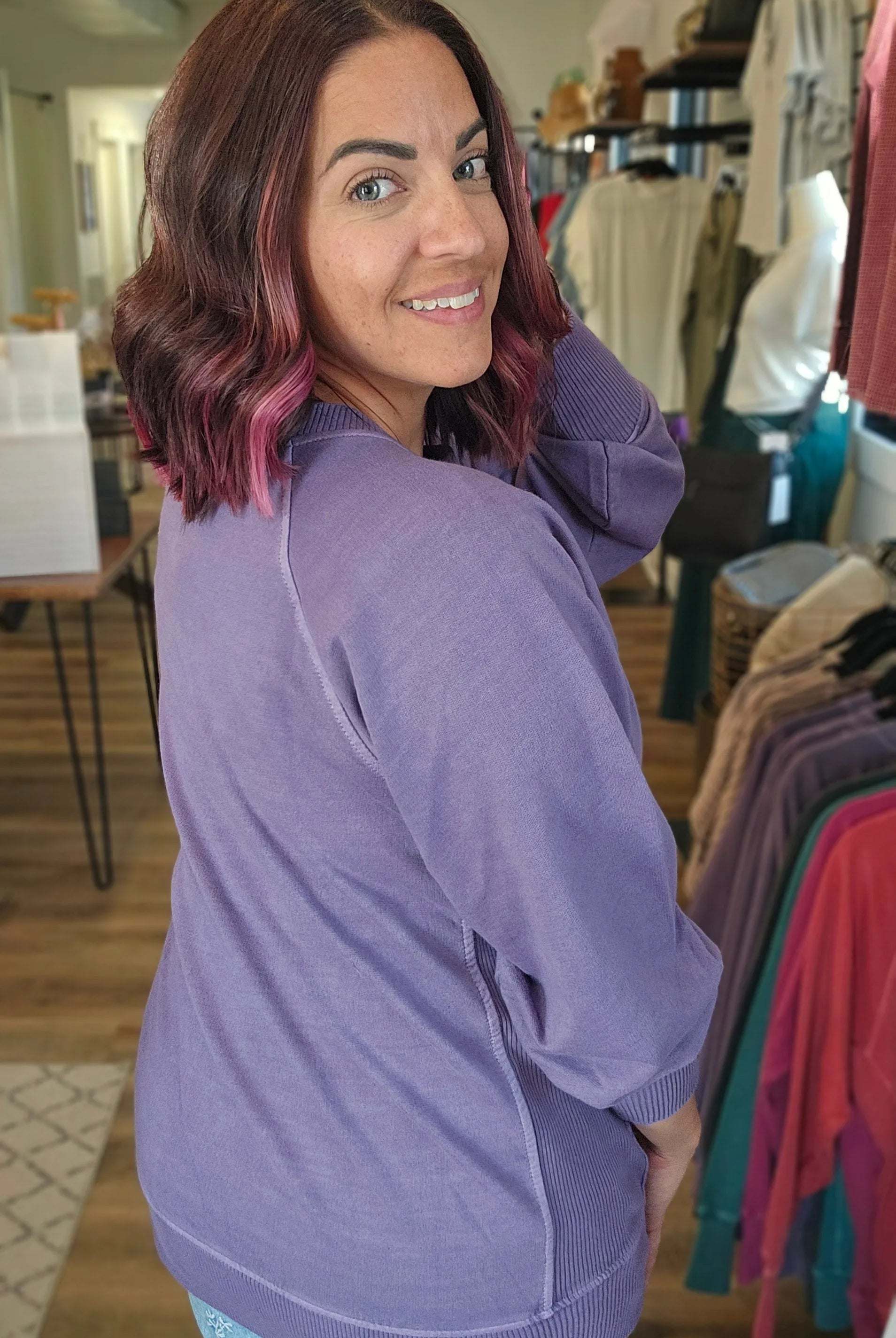 Shop Pigment Dyed Pullover with Pockets - Lilac- at Ruby Joy Boutique, a Women's Clothing Store in Pickerington, Ohio