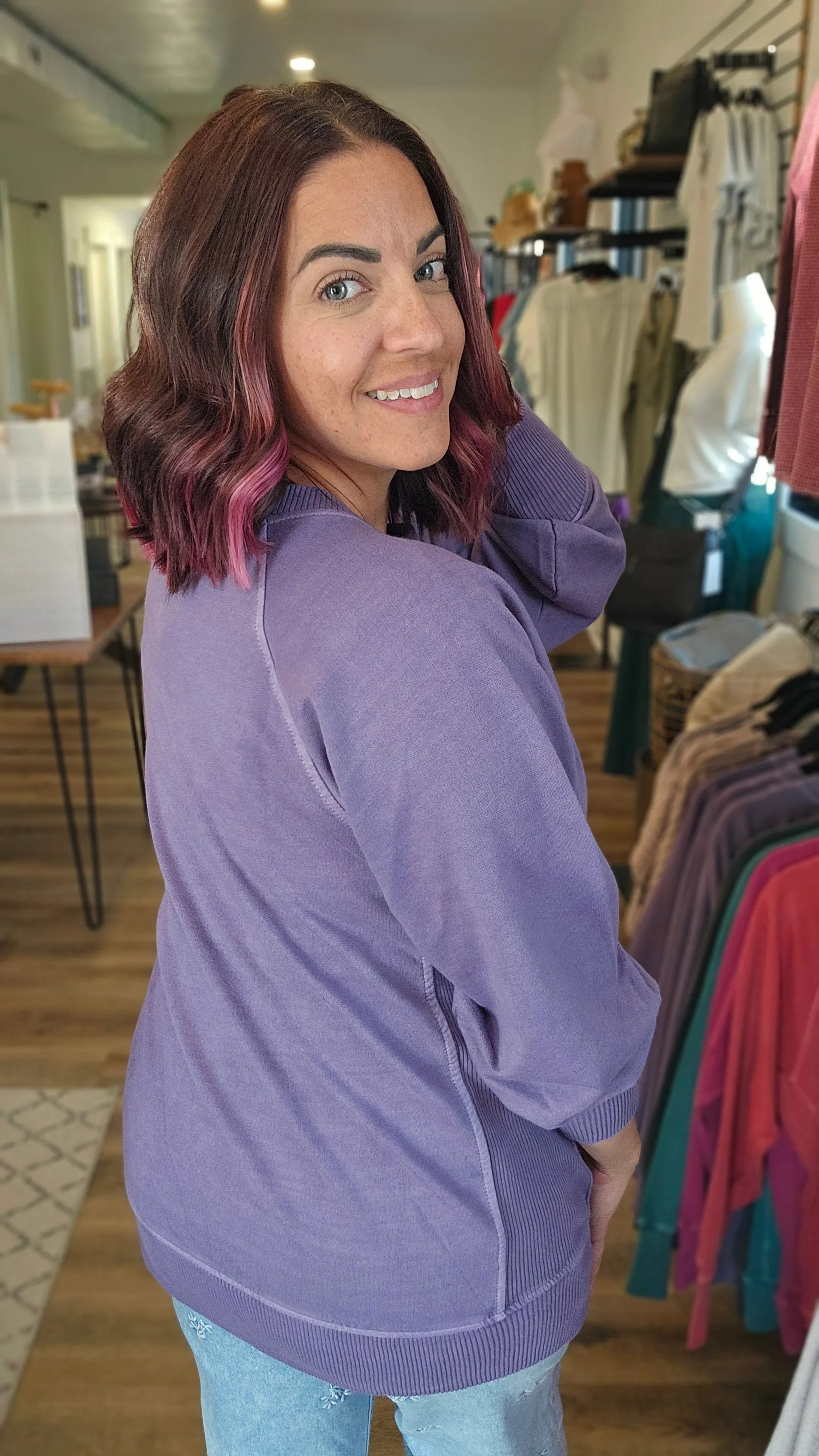 Shop Pigment Dyed Pullover with Pockets - Lilac- at Ruby Joy Boutique, a Women's Clothing Store in Pickerington, Ohio