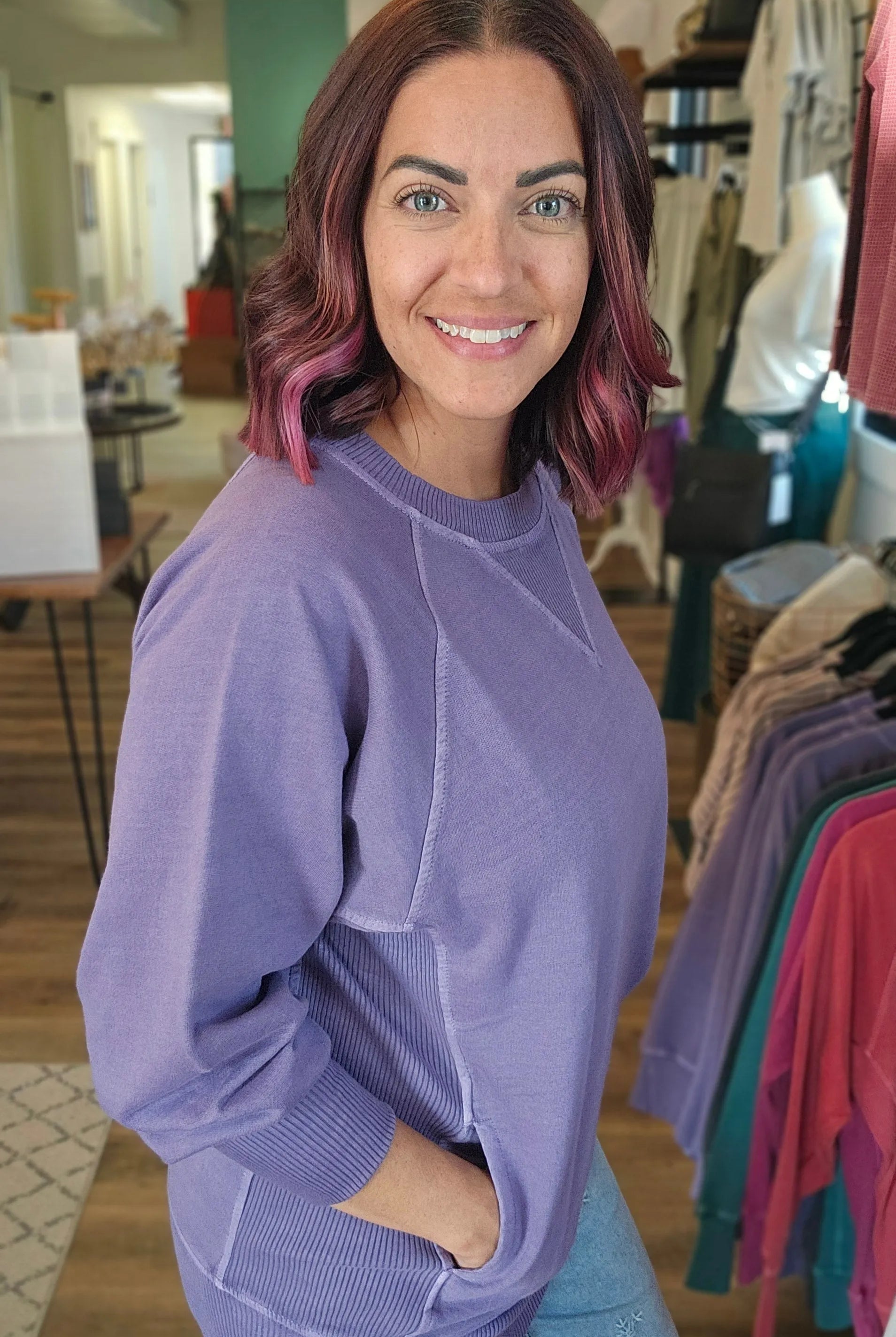 Shop Pigment Dyed Pullover with Pockets - Lilac- at Ruby Joy Boutique, a Women's Clothing Store in Pickerington, Ohio