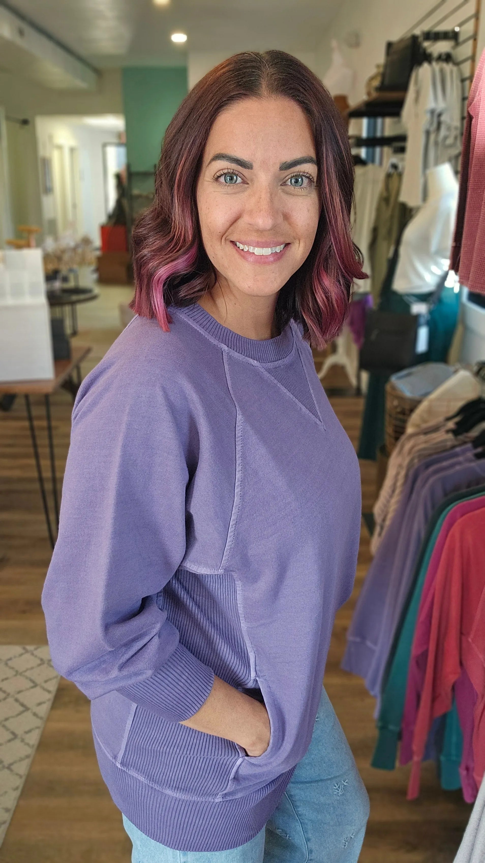 Shop Pigment Dyed Pullover with Pockets - Lilac- at Ruby Joy Boutique, a Women's Clothing Store in Pickerington, Ohio