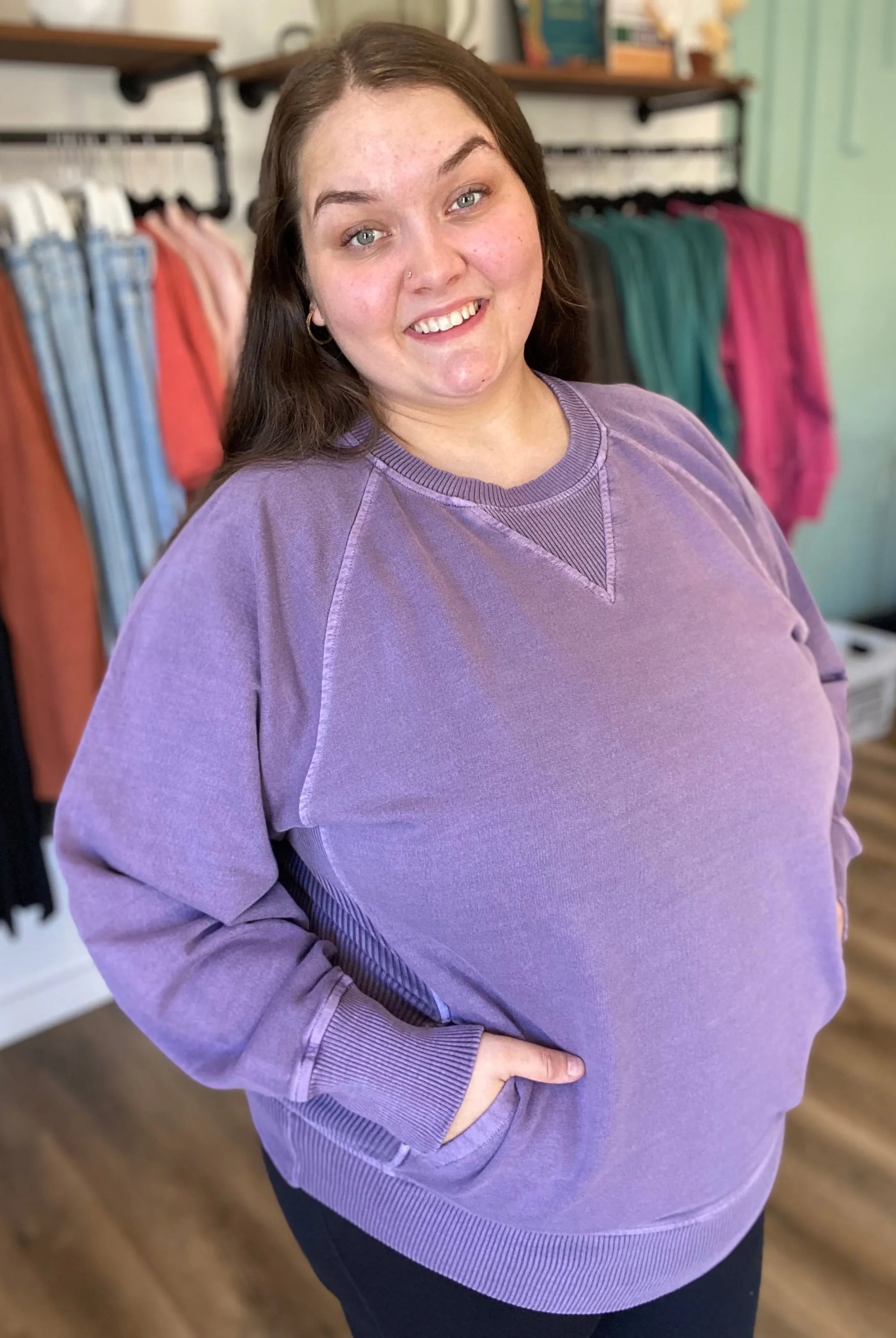 Shop Pigment Dyed Pullover with Pockets - Lilac-XL at Ruby Joy Boutique, a Women's Clothing Store in Pickerington, Ohio