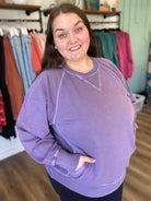 Shop Pigment Dyed Pullover with Pockets - Lilac-XL at Ruby Joy Boutique, a Women's Clothing Store in Pickerington, Ohio