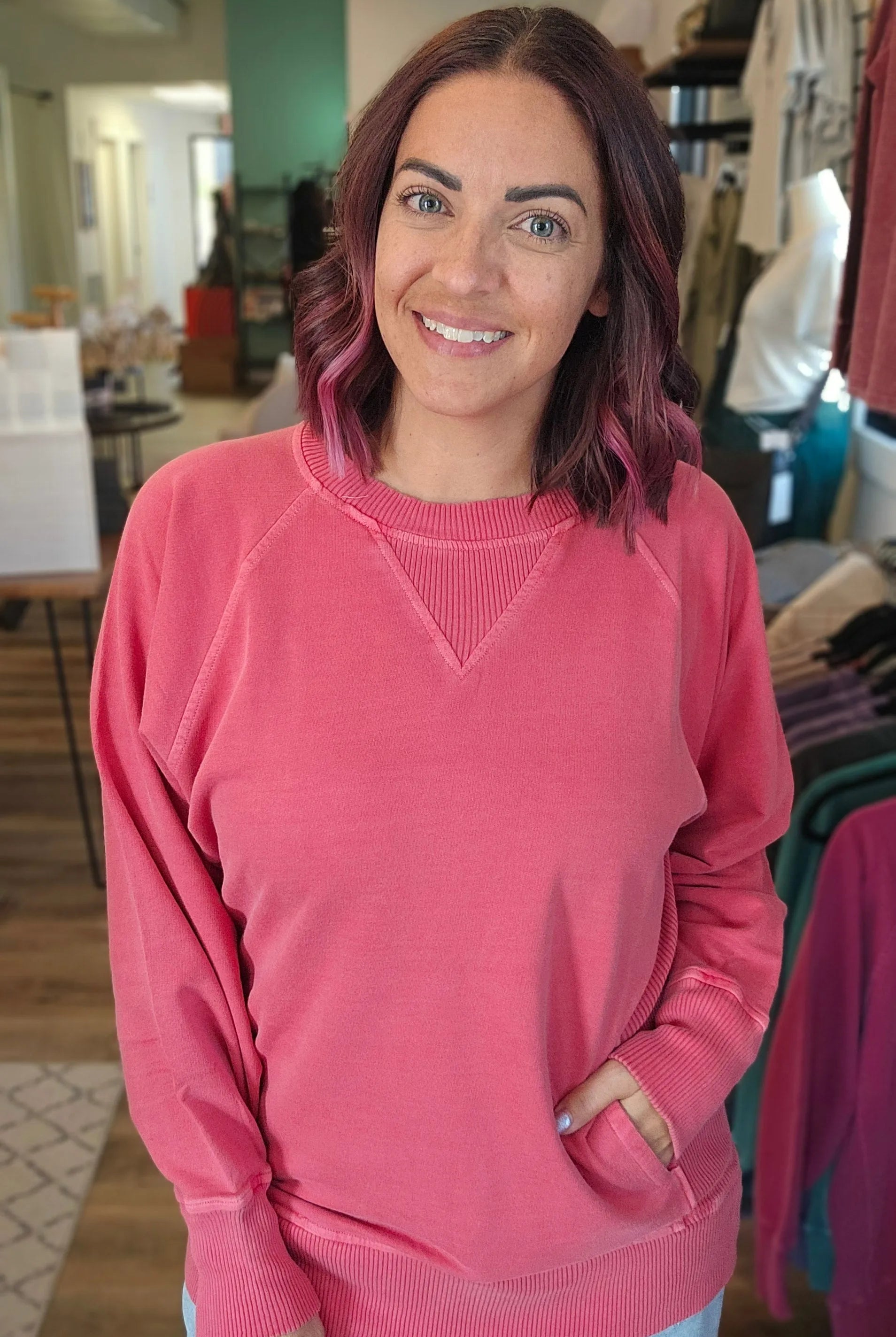 Shop Pigment Dyed Pullover with Pockets - Ruby-Small at Ruby Joy Boutique, a Women's Clothing Store in Pickerington, Ohio