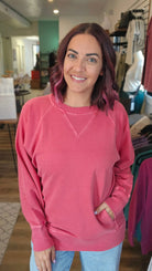 Shop Pigment Dyed Pullover with Pockets - Ruby-Small at Ruby Joy Boutique, a Women's Clothing Store in Pickerington, Ohio