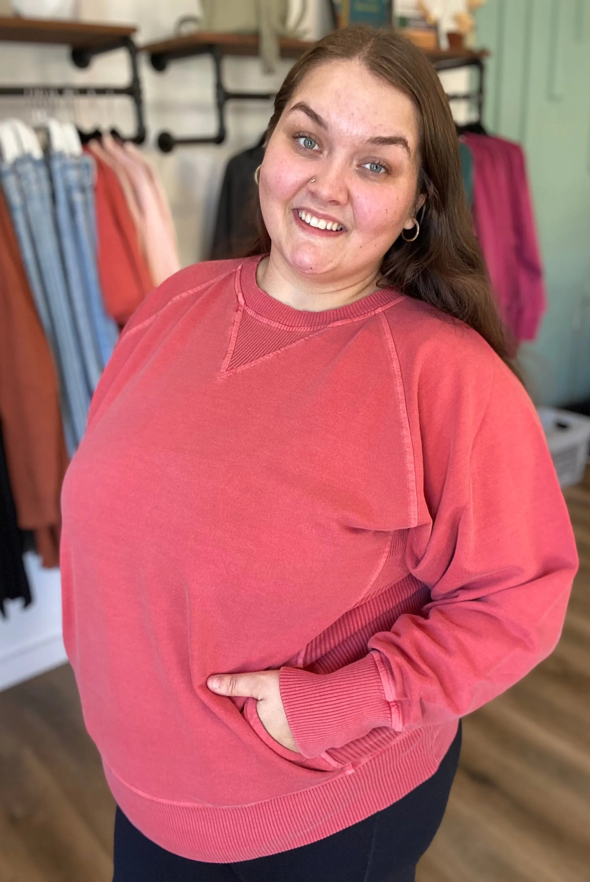 Shop Pigment Dyed Pullover with Pockets - Ruby- at Ruby Joy Boutique, a Women's Clothing Store in Pickerington, Ohio