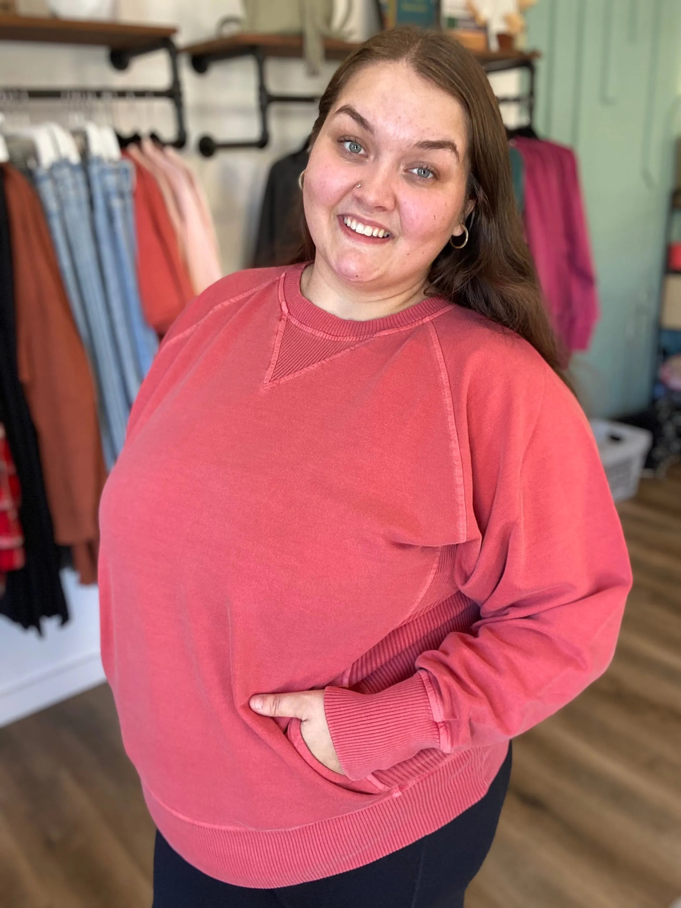 Shop Pigment Dyed Pullover with Pockets - Ruby- at Ruby Joy Boutique, a Women's Clothing Store in Pickerington, Ohio