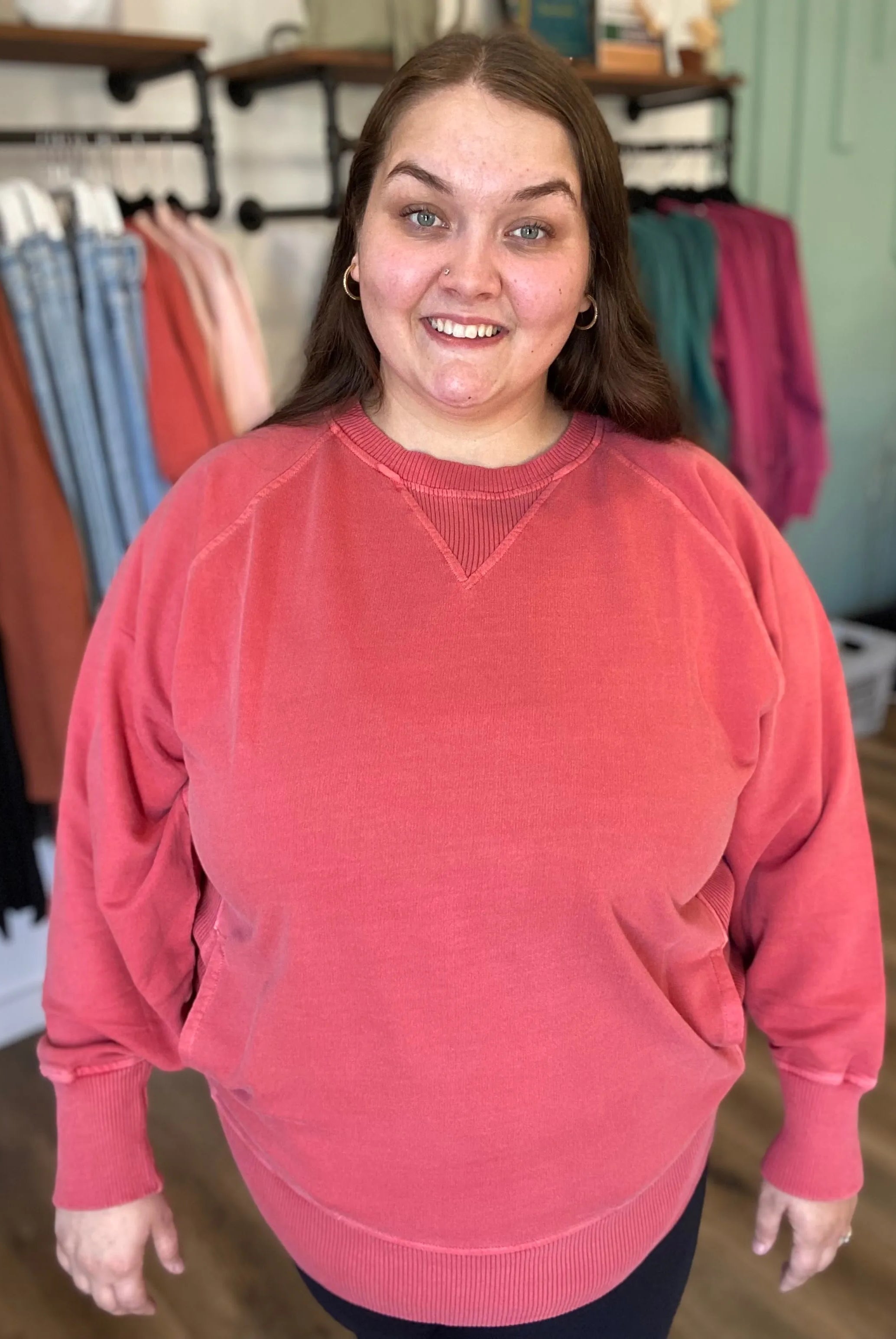 Shop Pigment Dyed Pullover with Pockets - Ruby-XL at Ruby Joy Boutique, a Women's Clothing Store in Pickerington, Ohio