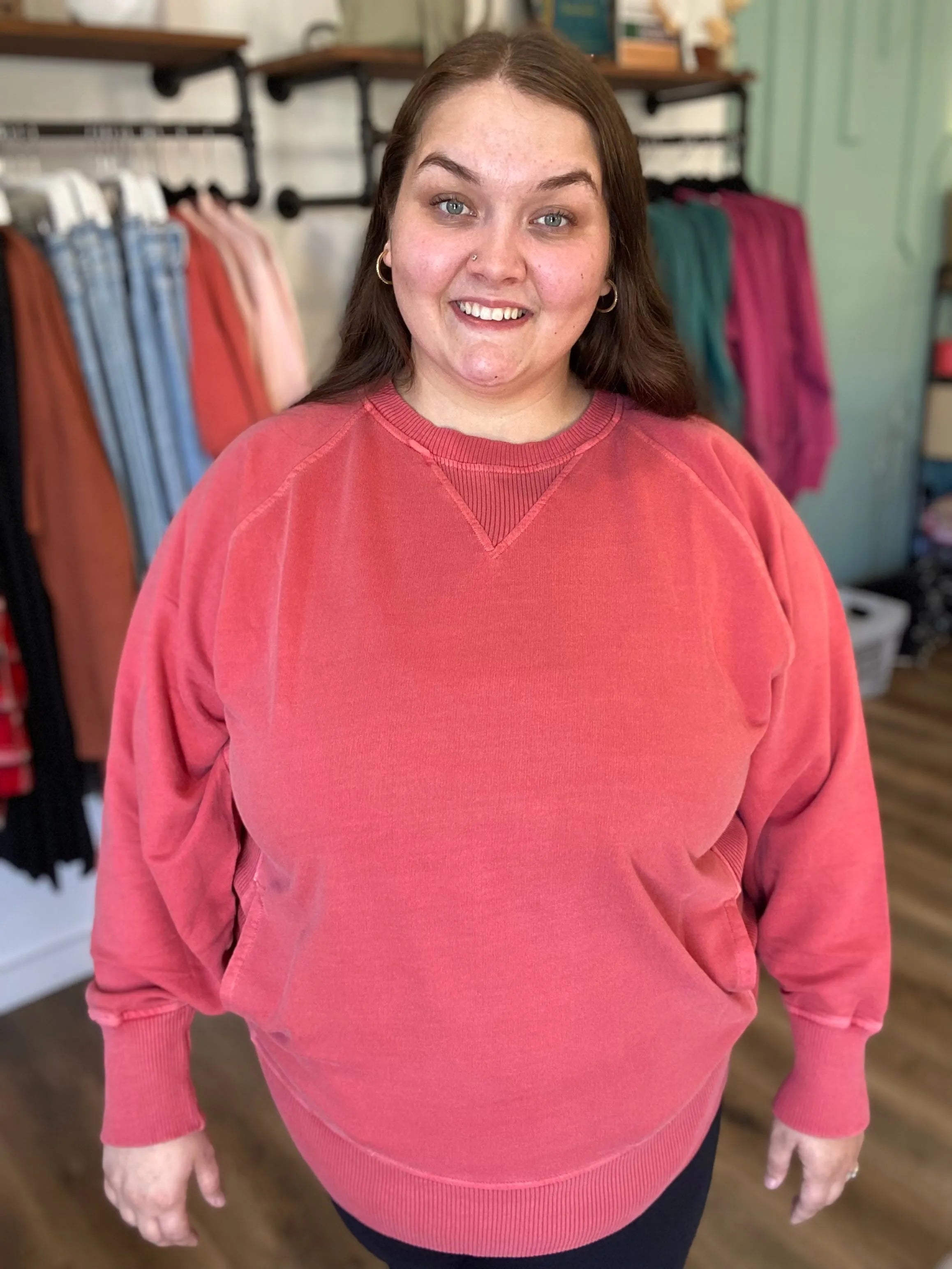 Shop Pigment Dyed Pullover with Pockets - Ruby-XL at Ruby Joy Boutique, a Women's Clothing Store in Pickerington, Ohio