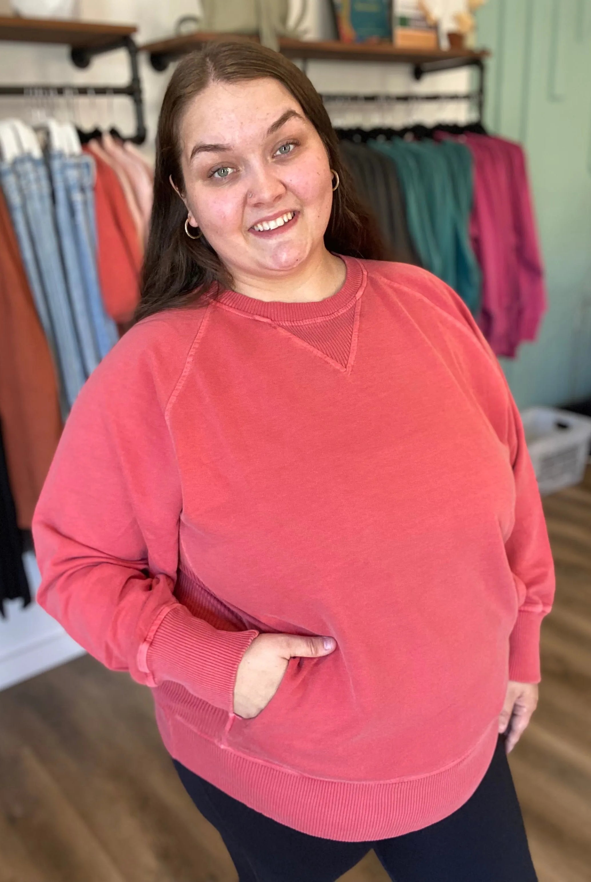 Shop Pigment Dyed Pullover with Pockets - Ruby- at Ruby Joy Boutique, a Women's Clothing Store in Pickerington, Ohio