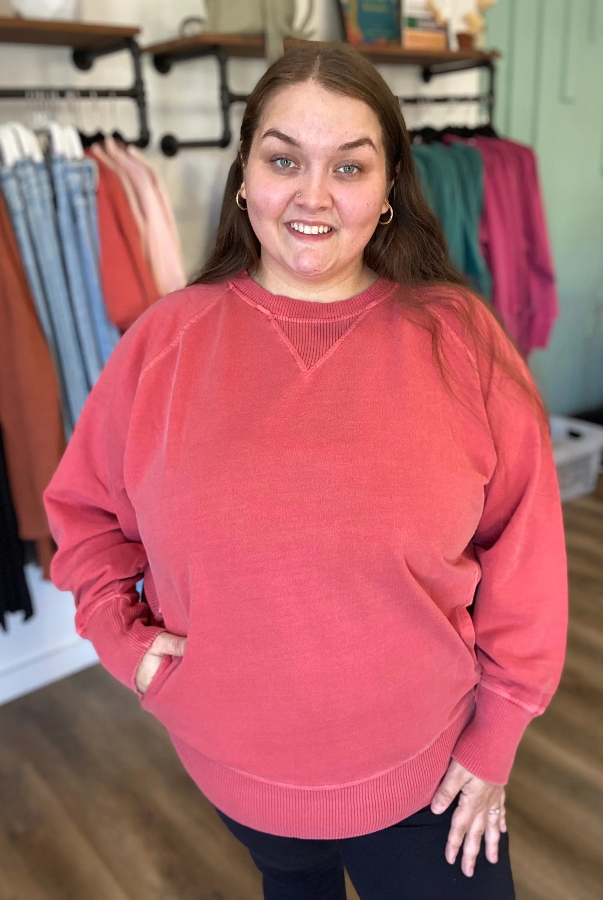 Shop Pigment Dyed Pullover with Pockets - Ruby- at Ruby Joy Boutique, a Women's Clothing Store in Pickerington, Ohio