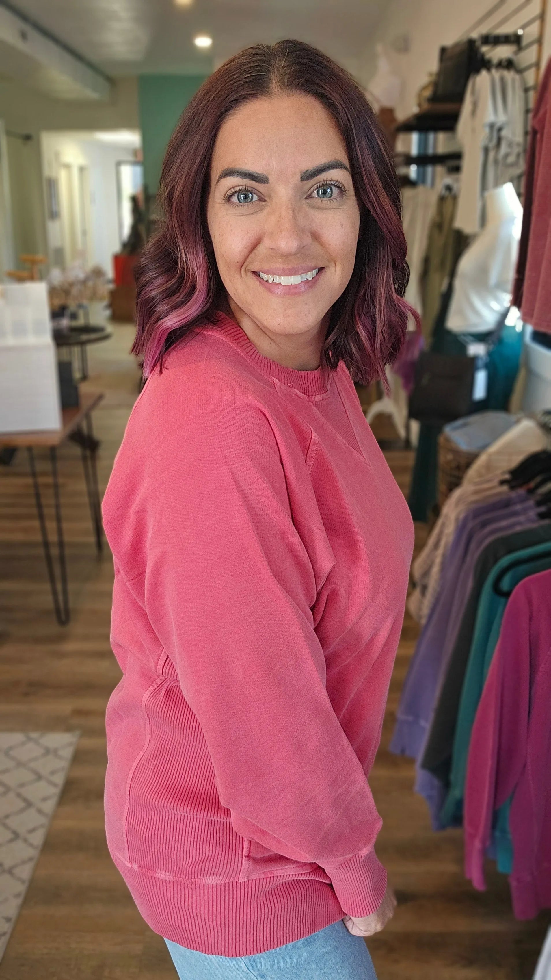 Shop Pigment Dyed Pullover with Pockets - Ruby- at Ruby Joy Boutique, a Women's Clothing Store in Pickerington, Ohio