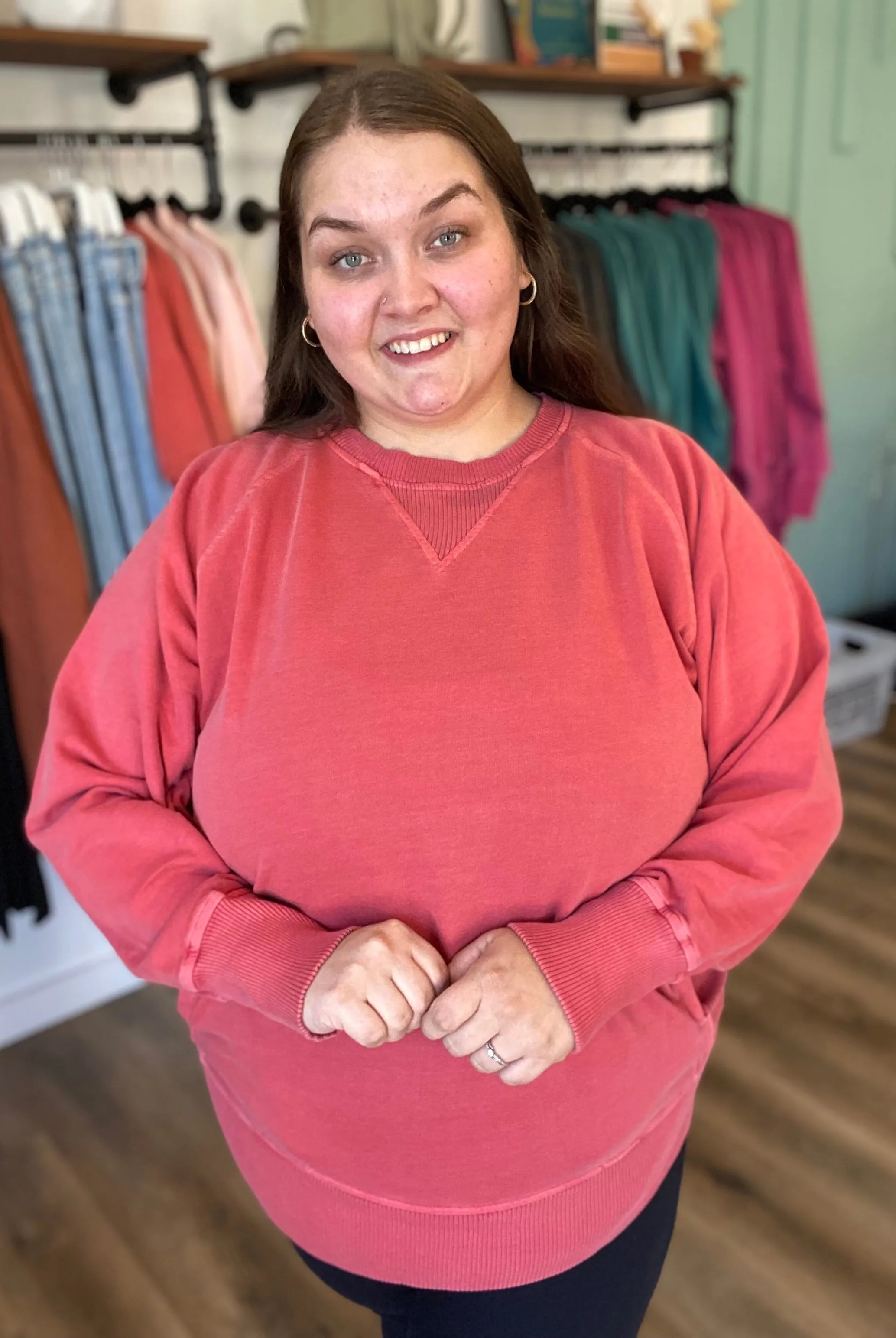Shop Pigment Dyed Pullover with Pockets - Ruby- at Ruby Joy Boutique, a Women's Clothing Store in Pickerington, Ohio