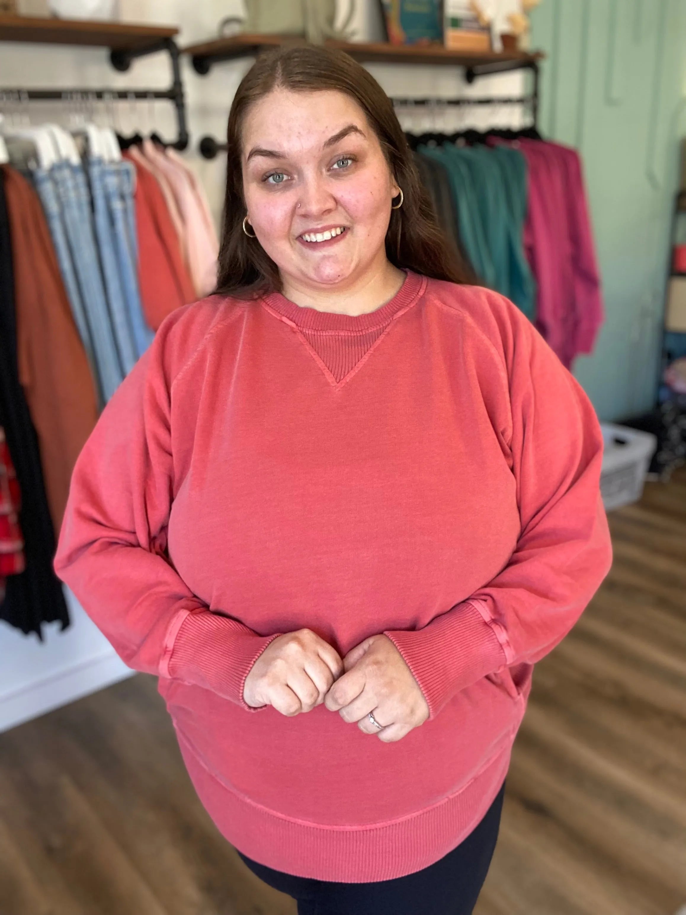Shop Pigment Dyed Pullover with Pockets - Ruby- at Ruby Joy Boutique, a Women's Clothing Store in Pickerington, Ohio