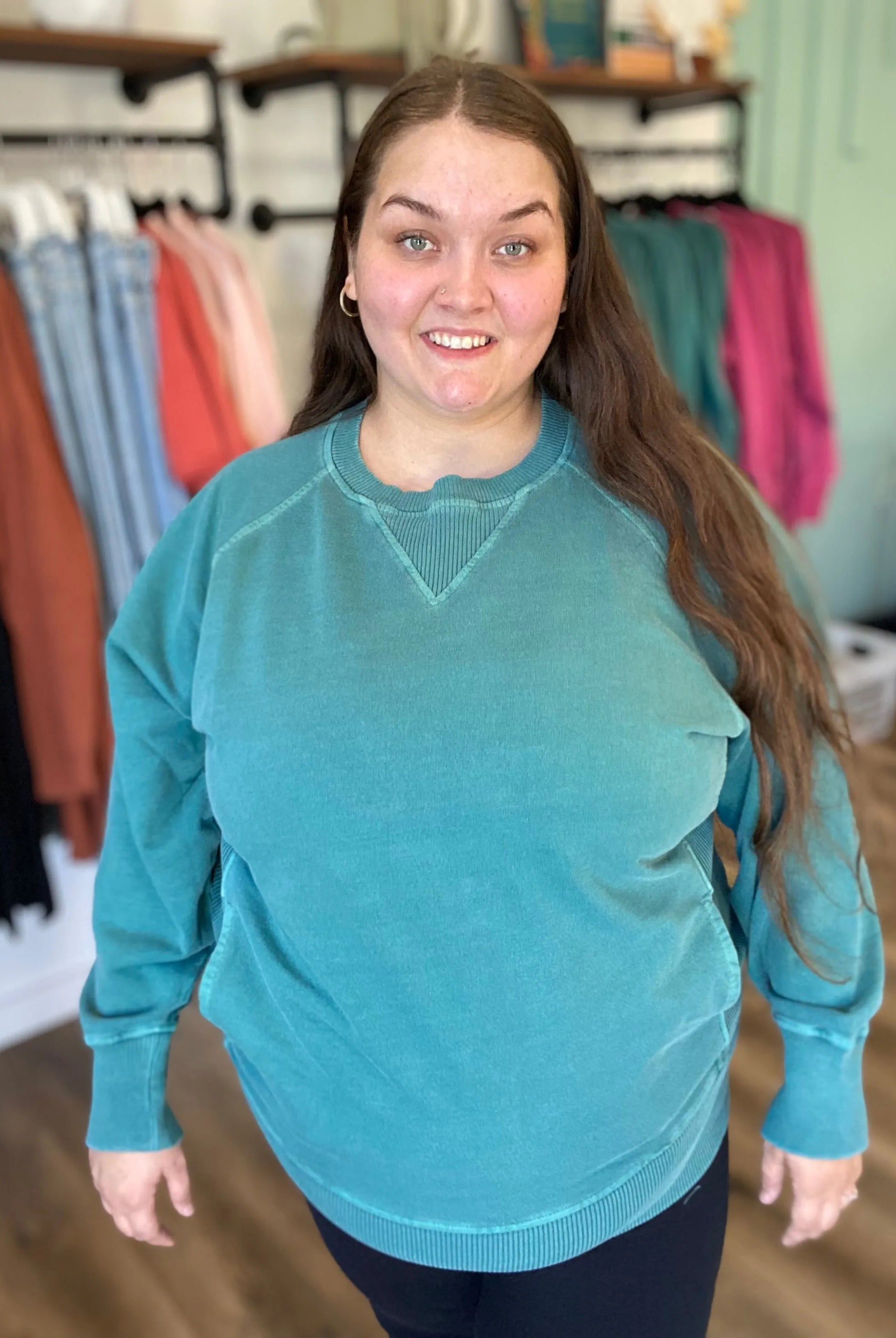 Shop Pigment Dyed Pullover with Pockets - Teal-XL at Ruby Joy Boutique, a Women's Clothing Store in Pickerington, Ohio