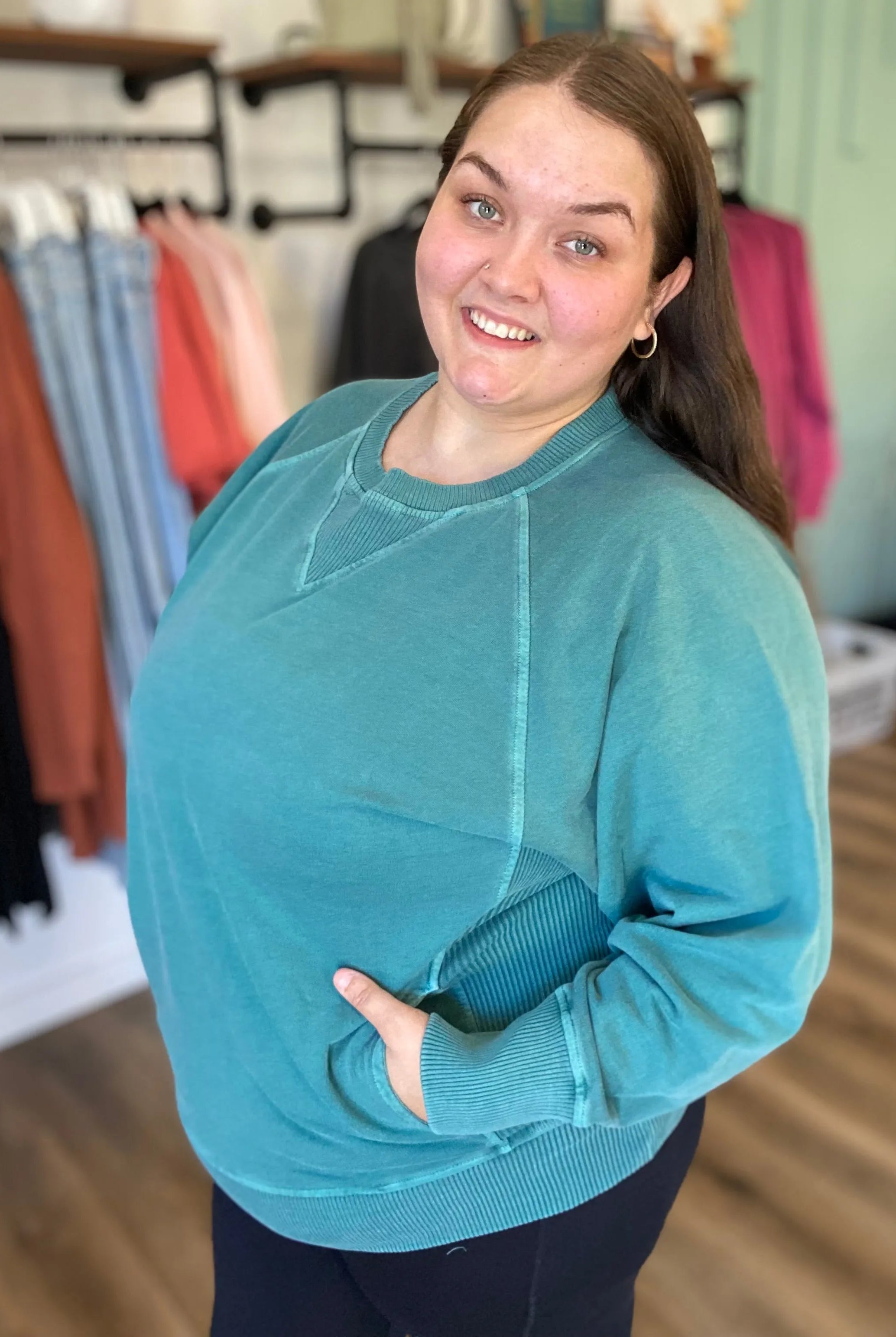 Shop Pigment Dyed Pullover with Pockets - Teal- at Ruby Joy Boutique, a Women's Clothing Store in Pickerington, Ohio