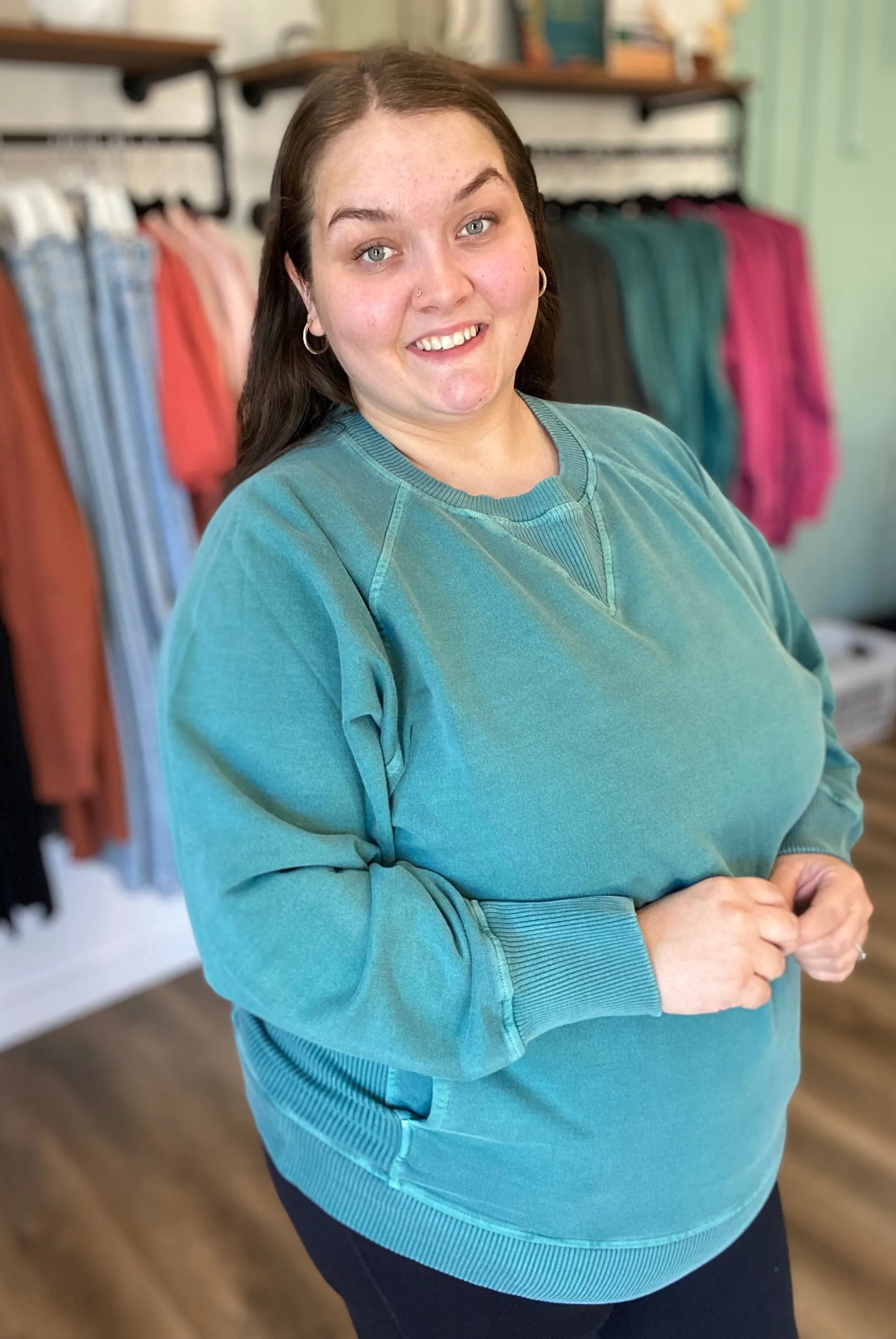 Shop Pigment Dyed Pullover with Pockets - Teal- at Ruby Joy Boutique, a Women's Clothing Store in Pickerington, Ohio