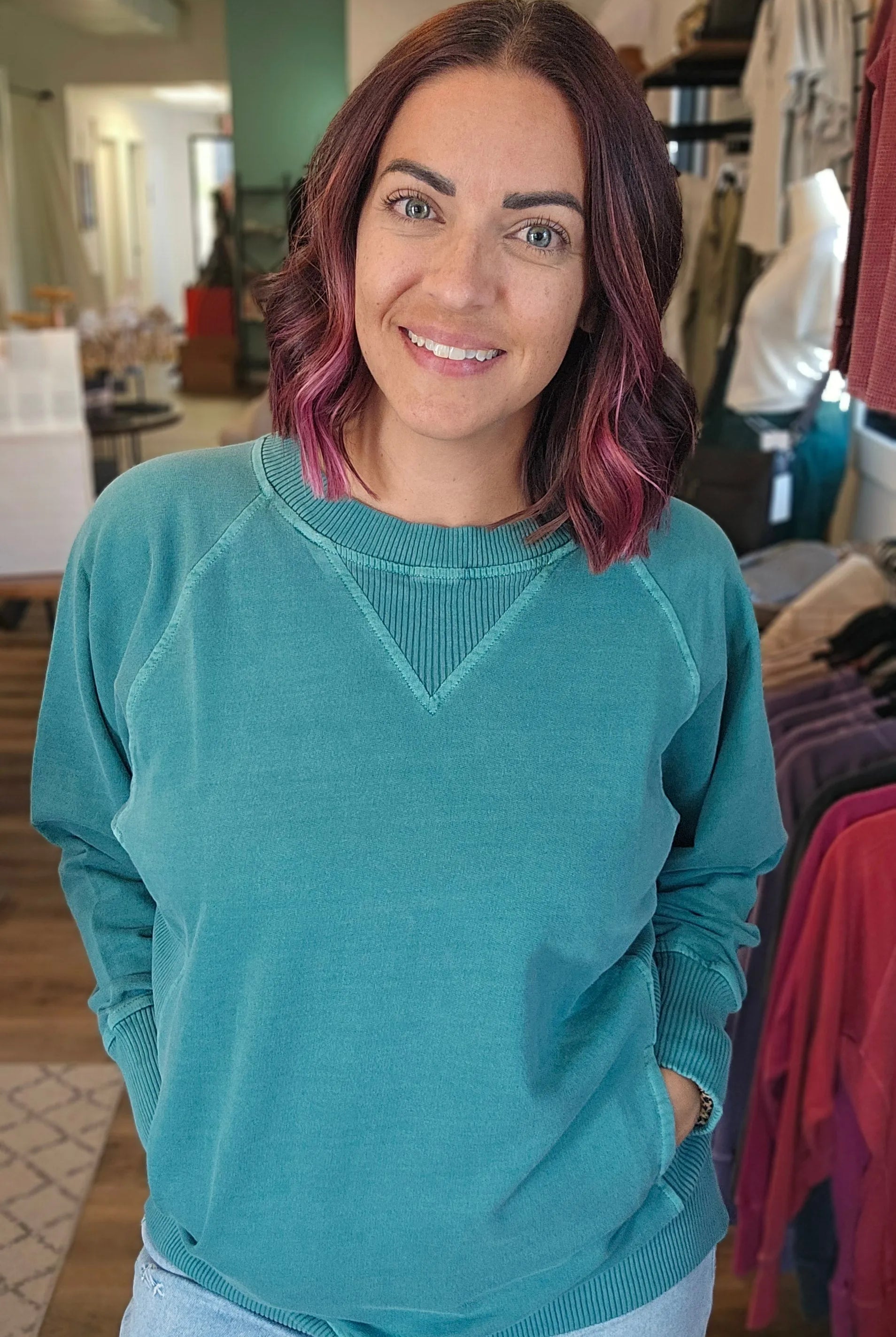 Shop Pigment Dyed Pullover with Pockets - Teal-Small at Ruby Joy Boutique, a Women's Clothing Store in Pickerington, Ohio