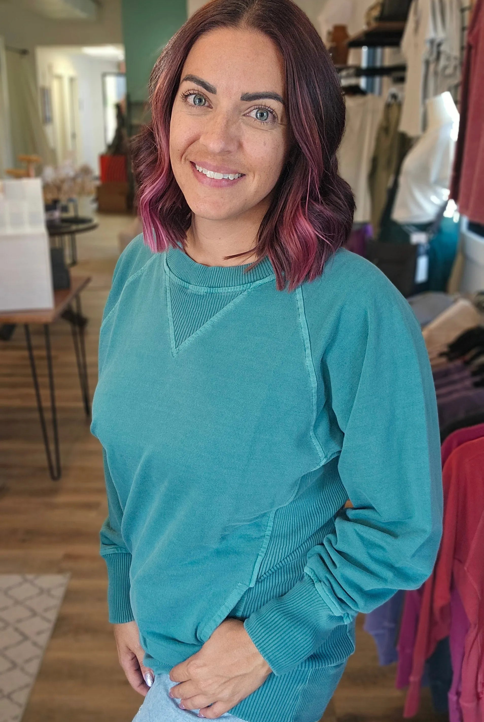 Shop Pigment Dyed Pullover with Pockets - Teal- at Ruby Joy Boutique, a Women's Clothing Store in Pickerington, Ohio