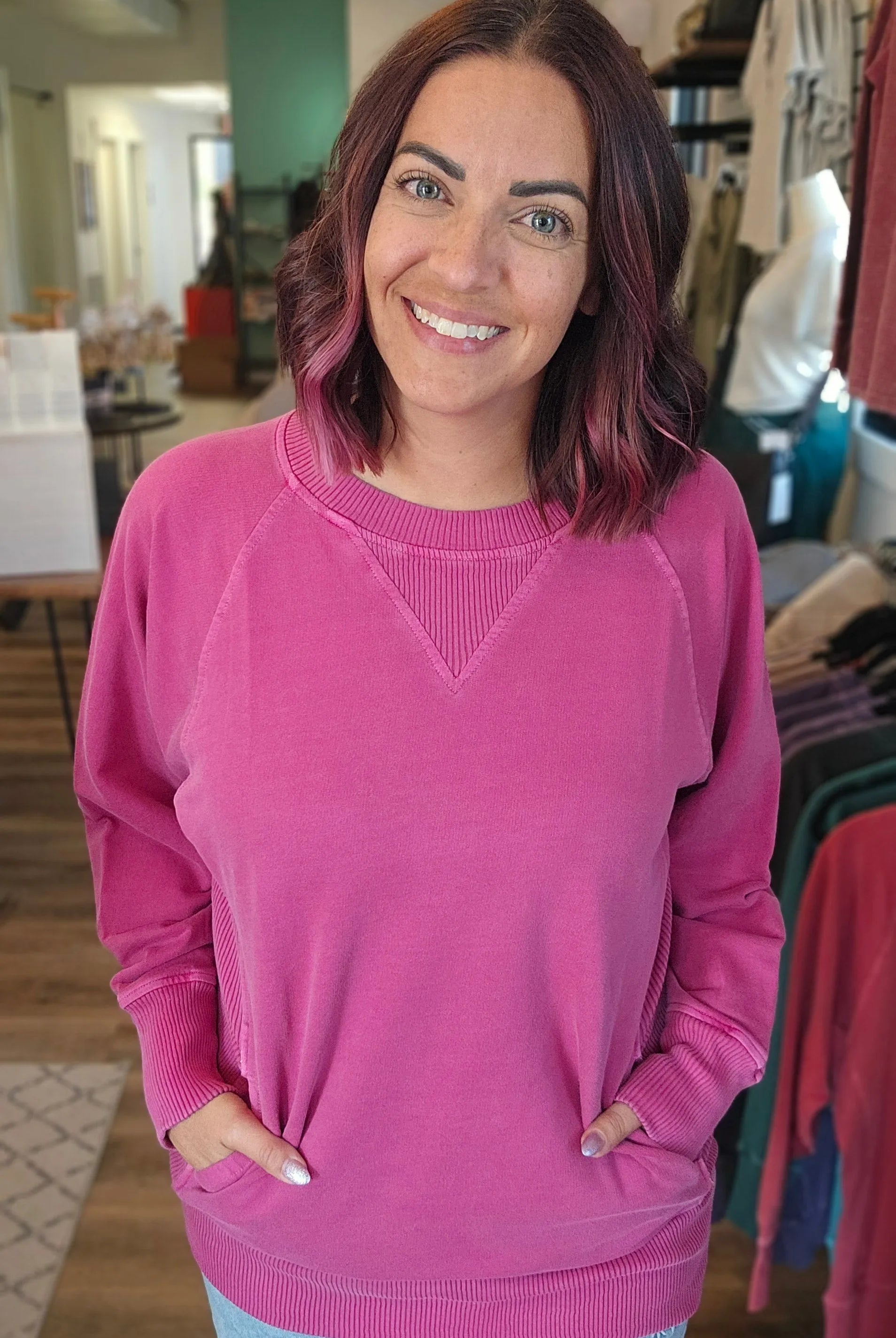 Shop Pigment Dyed Pullover with Pockets - Wine-Small at Ruby Joy Boutique, a Women's Clothing Store in Pickerington, Ohio