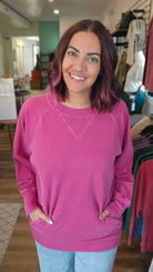 Shop Pigment Dyed Pullover with Pockets - Wine-Small at Ruby Joy Boutique, a Women's Clothing Store in Pickerington, Ohio