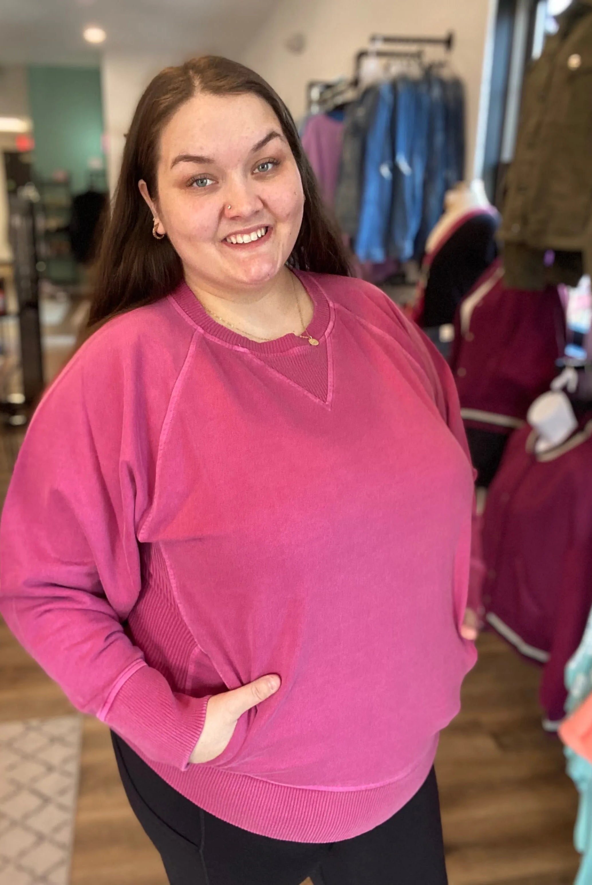 Shop Pigment Dyed Pullover with Pockets - Wine-Sweatshirt at Ruby Joy Boutique, a Women's Clothing Store in Pickerington, Ohio