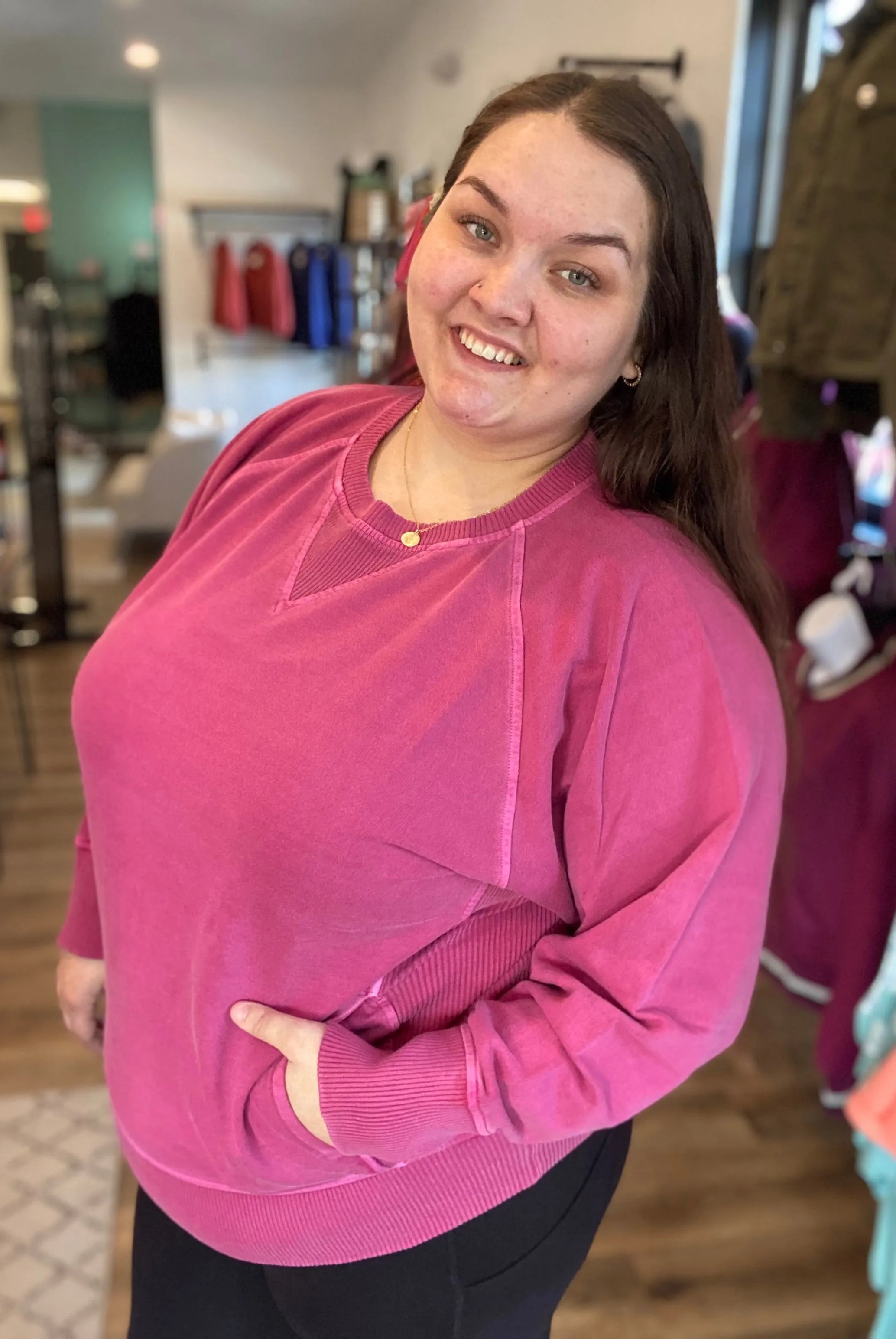 Shop Pigment Dyed Pullover with Pockets - Wine-Sweatshirt at Ruby Joy Boutique, a Women's Clothing Store in Pickerington, Ohio