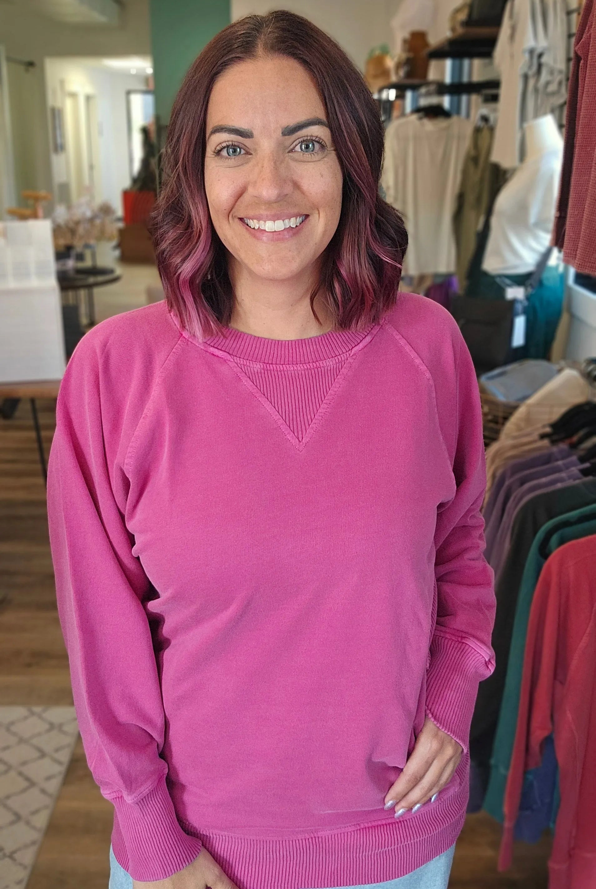 Shop Pigment Dyed Pullover with Pockets - Wine- at Ruby Joy Boutique, a Women's Clothing Store in Pickerington, Ohio