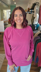 Shop Pigment Dyed Pullover with Pockets - Wine- at Ruby Joy Boutique, a Women's Clothing Store in Pickerington, Ohio