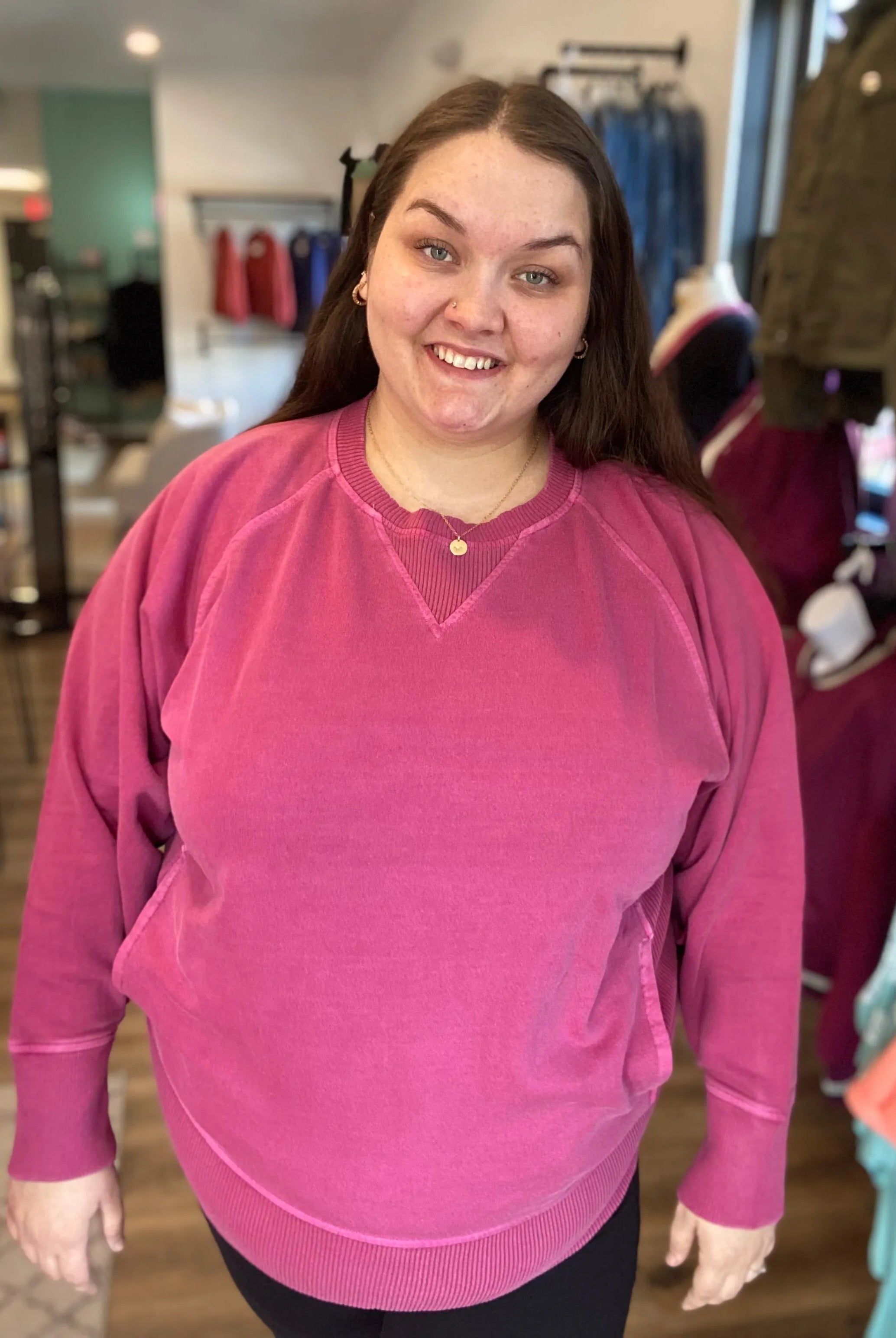 Shop Pigment Dyed Pullover with Pockets - Wine-Sweatshirt at Ruby Joy Boutique, a Women's Clothing Store in Pickerington, Ohio