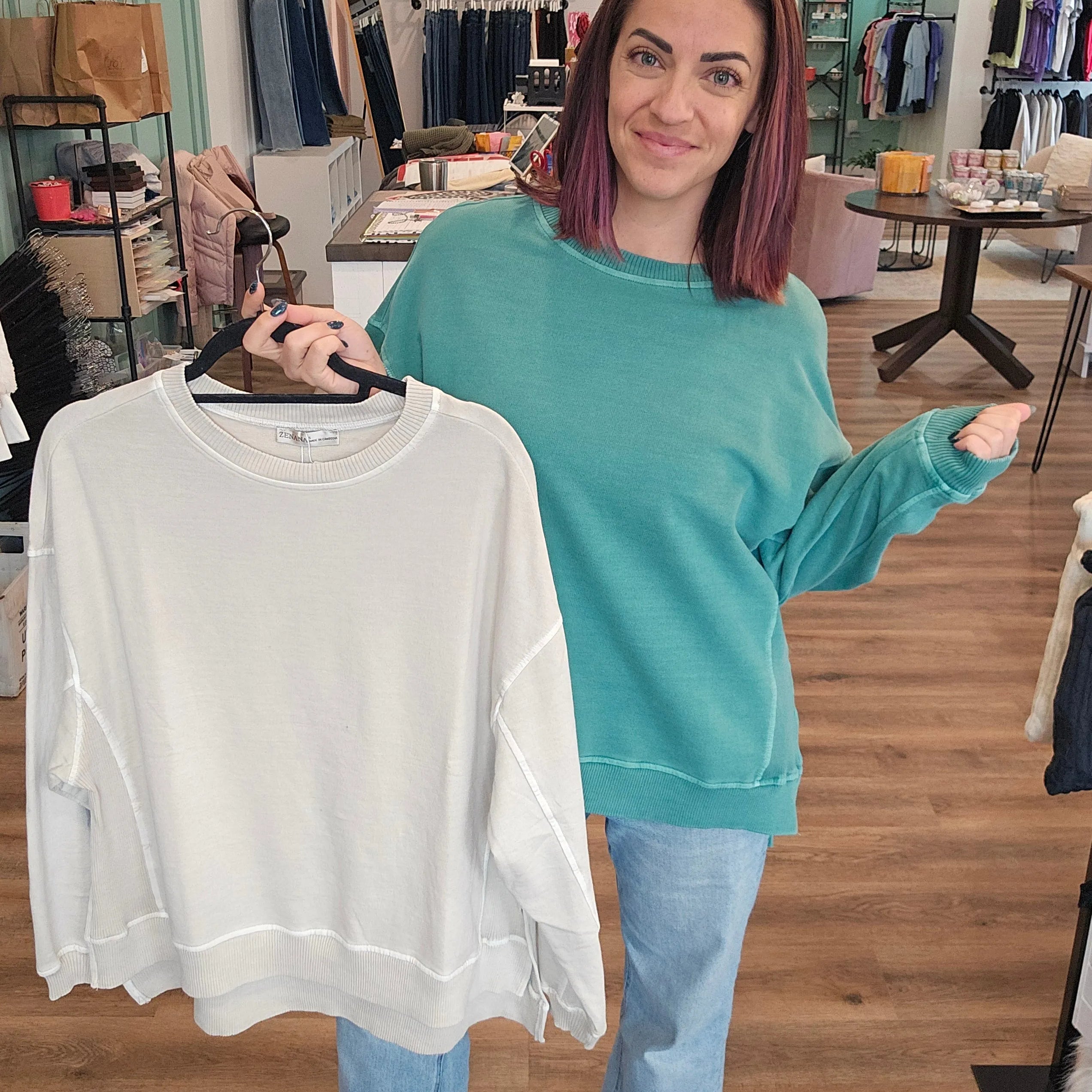 Shop Pigment Dyed Pullover with Side Slits - Green- at Ruby Joy Boutique, a Women's Clothing Store in Pickerington, Ohio
