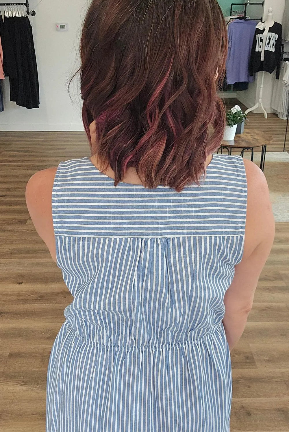 Shop Pinstriped Tie-Front Midi Dress- at Ruby Joy Boutique, a Women's Clothing Store in Pickerington, Ohio